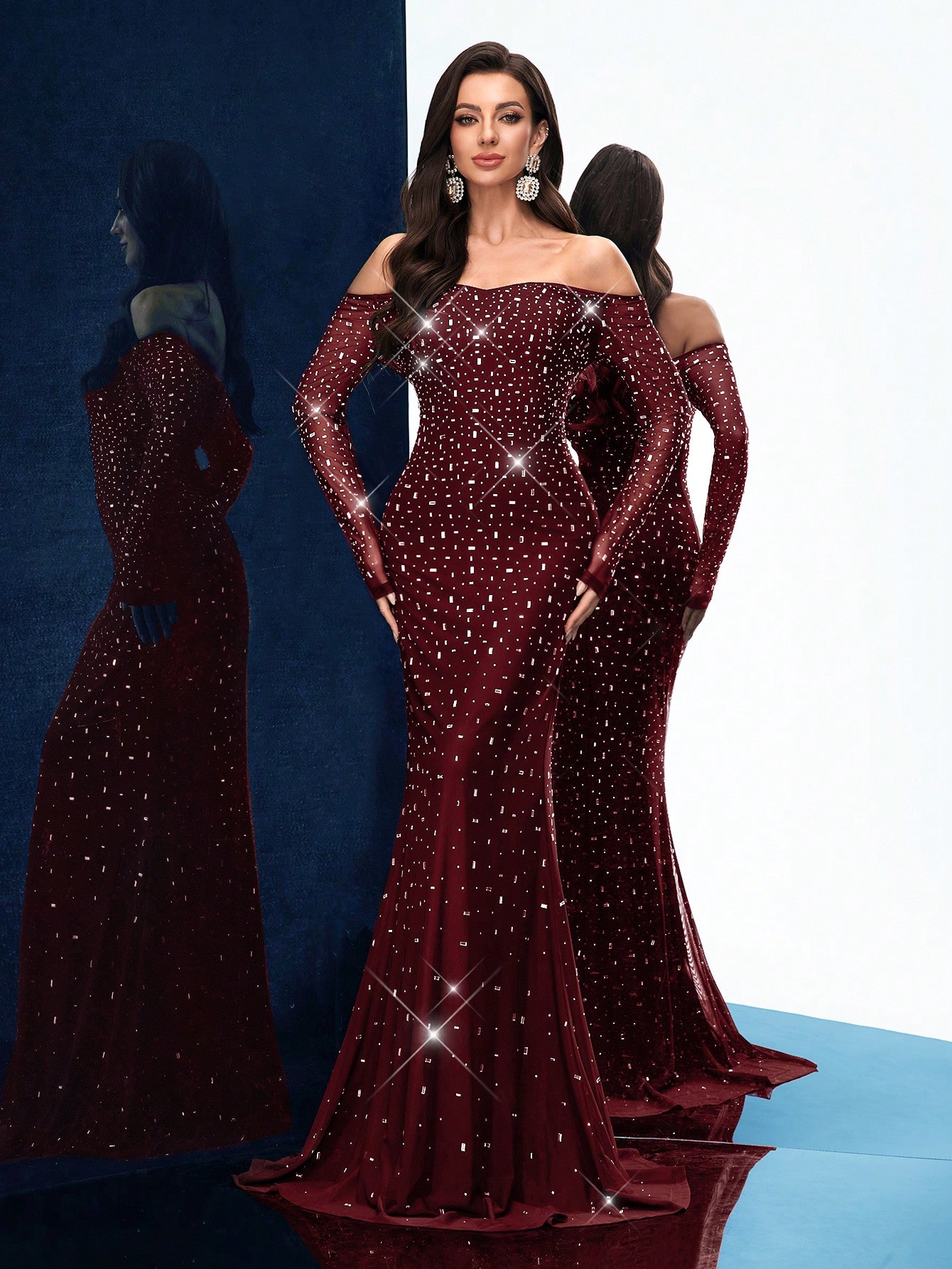 Elegant Charming Spring Summer Hot Drill Formal Dress Women Rhinestone Chic Evening Gown For Evening Party, Cocktail, Dinner Party, Concert, Charity Prom, Birthday Party Black Cold Shoulder Slim Long Sleeve Floor Length Dresses