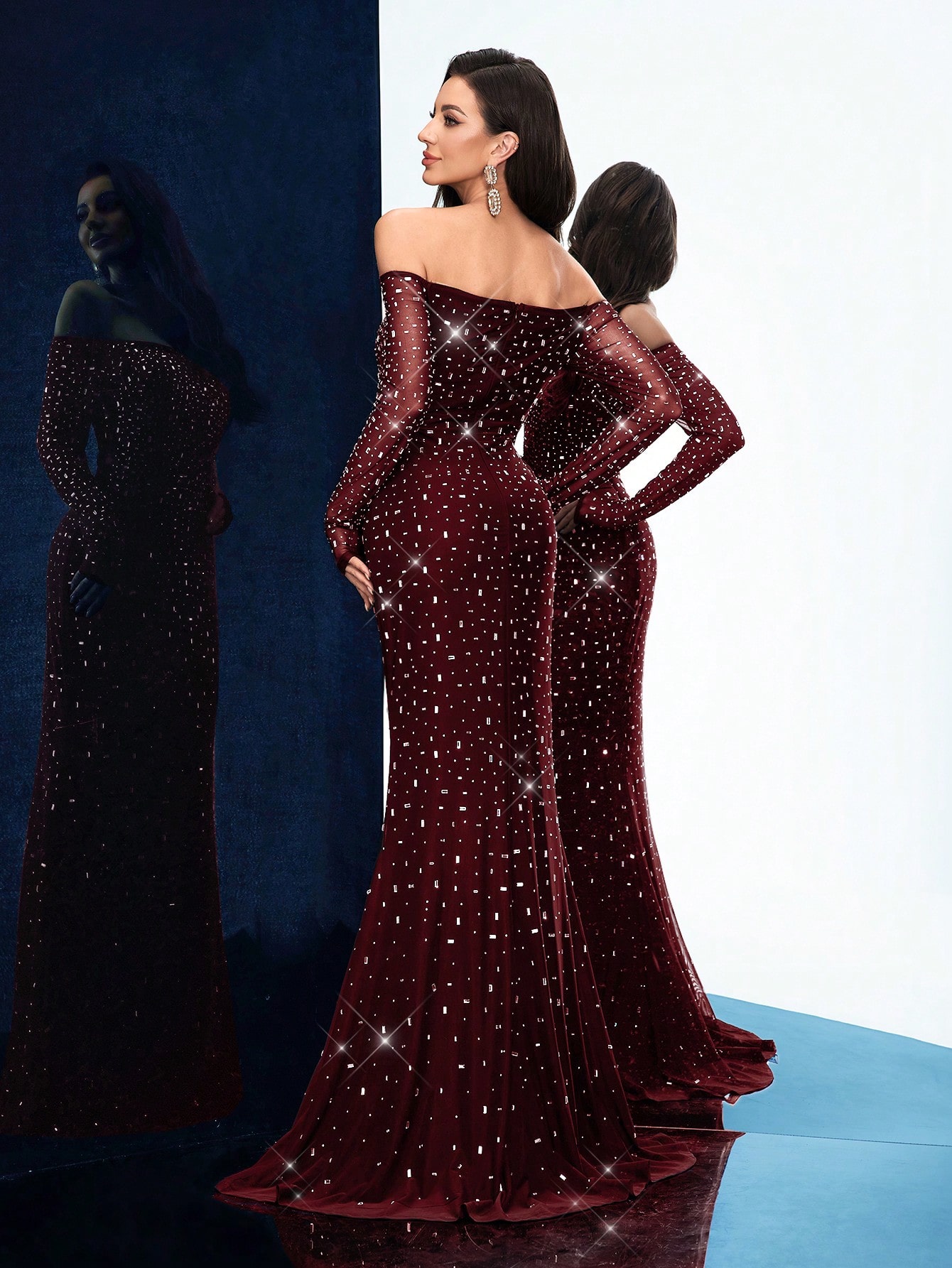 Elegant Charming Spring Summer Hot Drill Formal Dress Women Rhinestone Chic Evening Gown For Evening Party, Cocktail, Dinner Party, Concert, Charity Prom, Birthday Party Black Cold Shoulder Slim Long Sleeve Floor Length Dresses