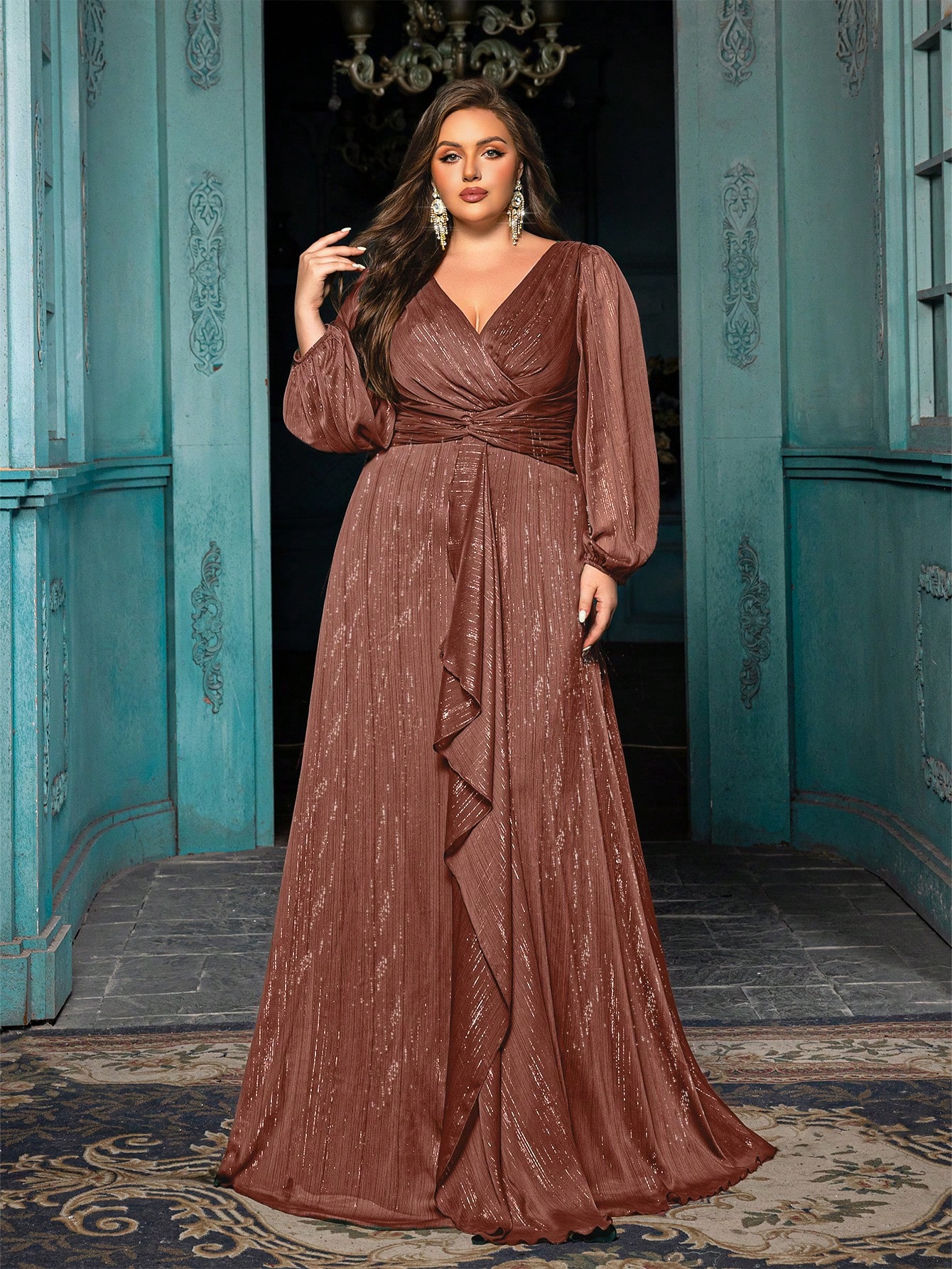 Women's Plus-size High-end Burgundy Evening Gown with Bright Stitching,V-neck Lantern Sleeves Prom Party Dress,Elegant Ruffle Wedding Guest Dress,Bridesmaid Dress,Perfect Birthday Dress,Cocktail Maxi dress,Christmas Celebration Dress,A-line Formal Dress