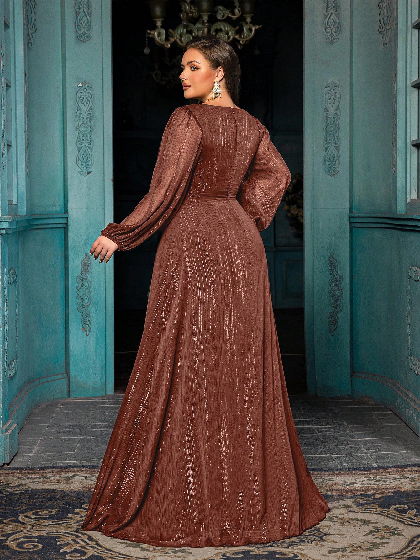 Women's Plus-size High-end Burgundy Evening Gown with Bright Stitching,V-neck Lantern Sleeves Prom Party Dress,Elegant Ruffle Wedding Guest Dress,Bridesmaid Dress,Perfect Birthday Dress,Cocktail Maxi dress,Christmas Celebration Dress,A-line Formal Dress