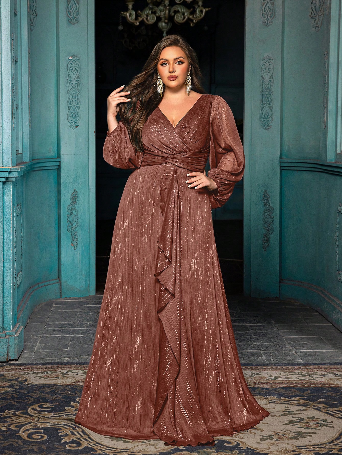 Women's Plus-size High-end Burgundy Evening Gown with Bright Stitching,V-neck Lantern Sleeves Prom Party Dress,Elegant Ruffle Wedding Guest Dress,Bridesmaid Dress,Perfect Birthday Dress,Cocktail Maxi dress,Christmas Celebration Dress,A-line Formal Dress