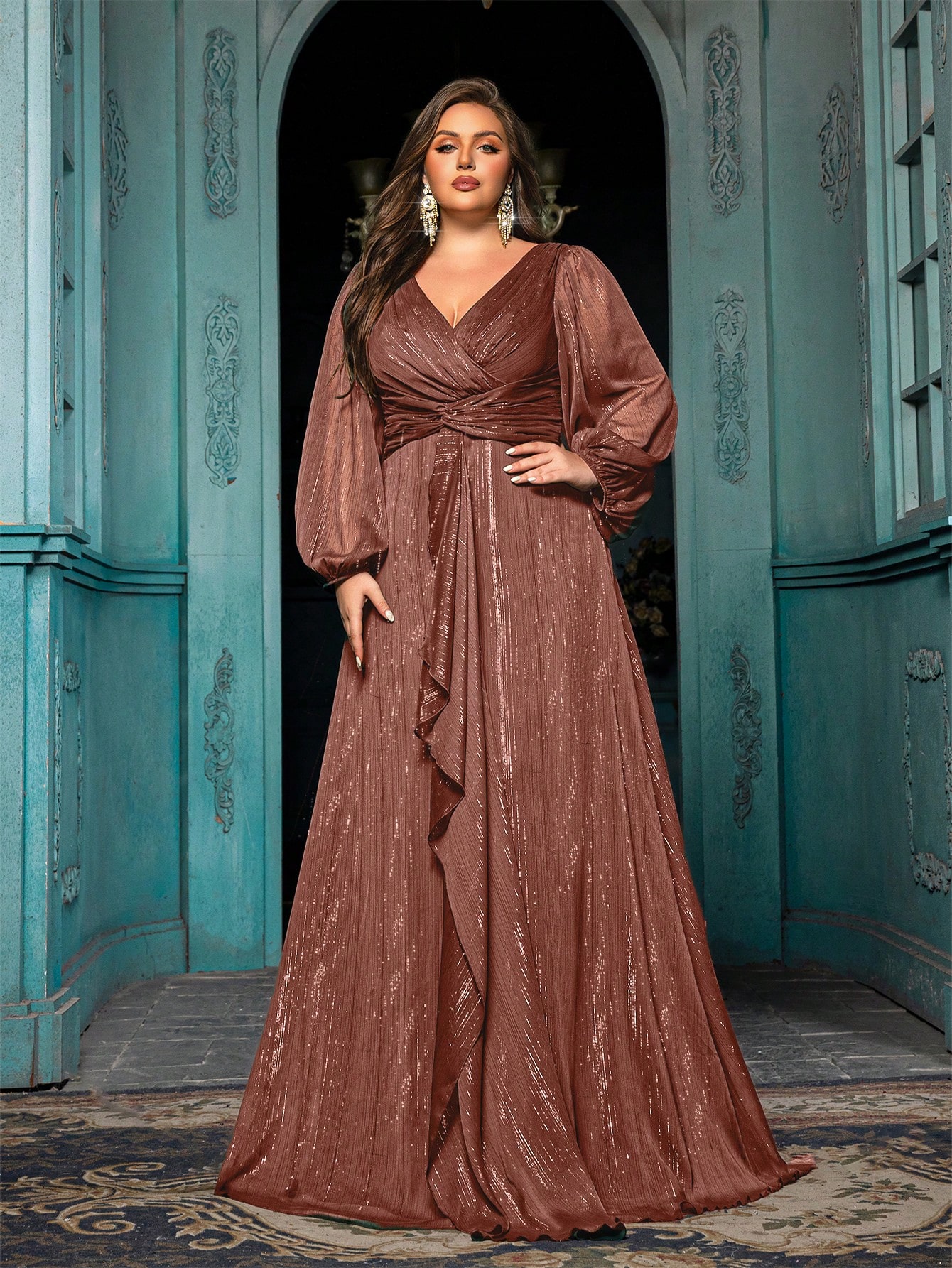 Women's Plus-size High-end Burgundy Evening Gown with Bright Stitching,V-neck Lantern Sleeves Prom Party Dress,Elegant Ruffle Wedding Guest Dress,Bridesmaid Dress,Perfect Birthday Dress,Cocktail Maxi dress,Christmas Celebration Dress,A-line Formal Dress