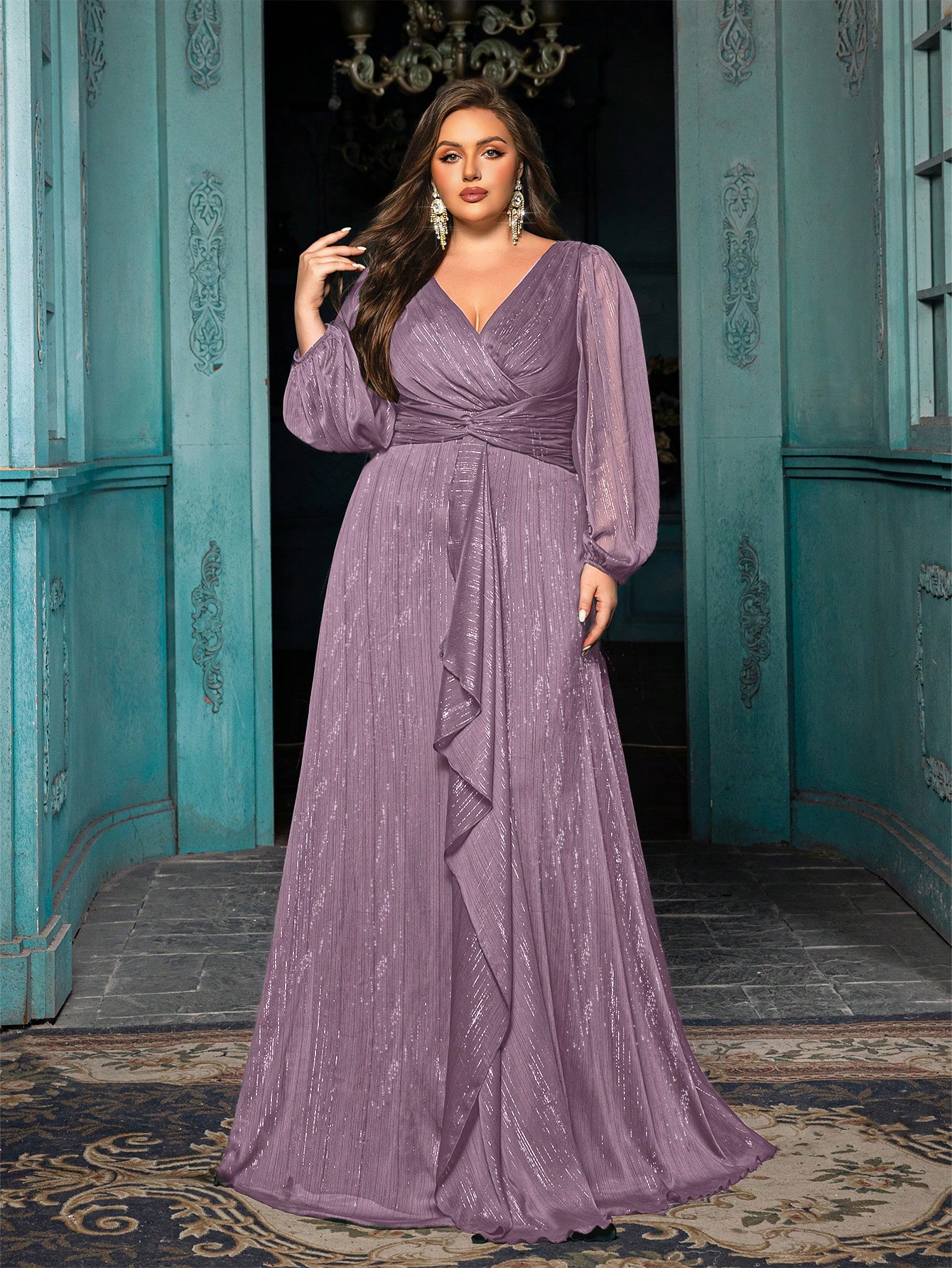 Women's Plus-size High-end Burgundy Evening Gown with Bright Stitching,V-neck Lantern Sleeves Prom Party Dress,Elegant Ruffle Wedding Guest Dress,Bridesmaid Dress,Perfect Birthday Dress,Cocktail Maxi dress,Christmas Celebration Dress,A-line Formal Dress