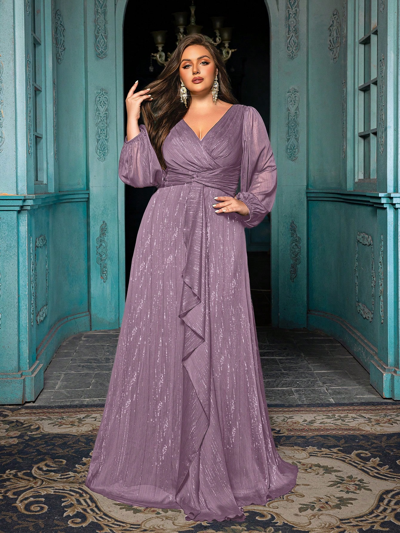 Women's Plus-size High-end Burgundy Evening Gown with Bright Stitching,V-neck Lantern Sleeves Prom Party Dress,Elegant Ruffle Wedding Guest Dress,Bridesmaid Dress,Perfect Birthday Dress,Cocktail Maxi dress,Christmas Celebration Dress,A-line Formal Dress