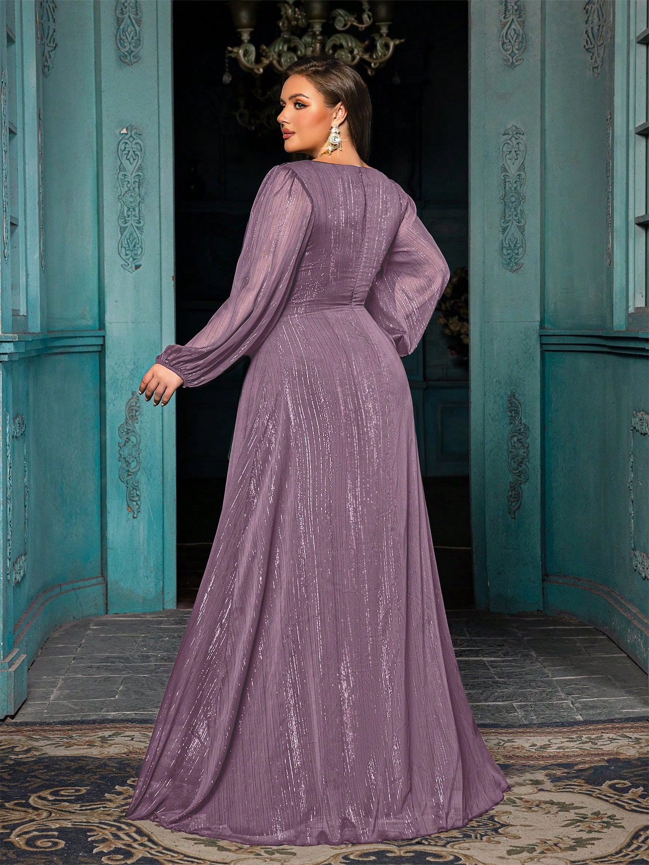 Women's Plus-size High-end Burgundy Evening Gown with Bright Stitching,V-neck Lantern Sleeves Prom Party Dress,Elegant Ruffle Wedding Guest Dress,Bridesmaid Dress,Perfect Birthday Dress,Cocktail Maxi dress,Christmas Celebration Dress,A-line Formal Dress