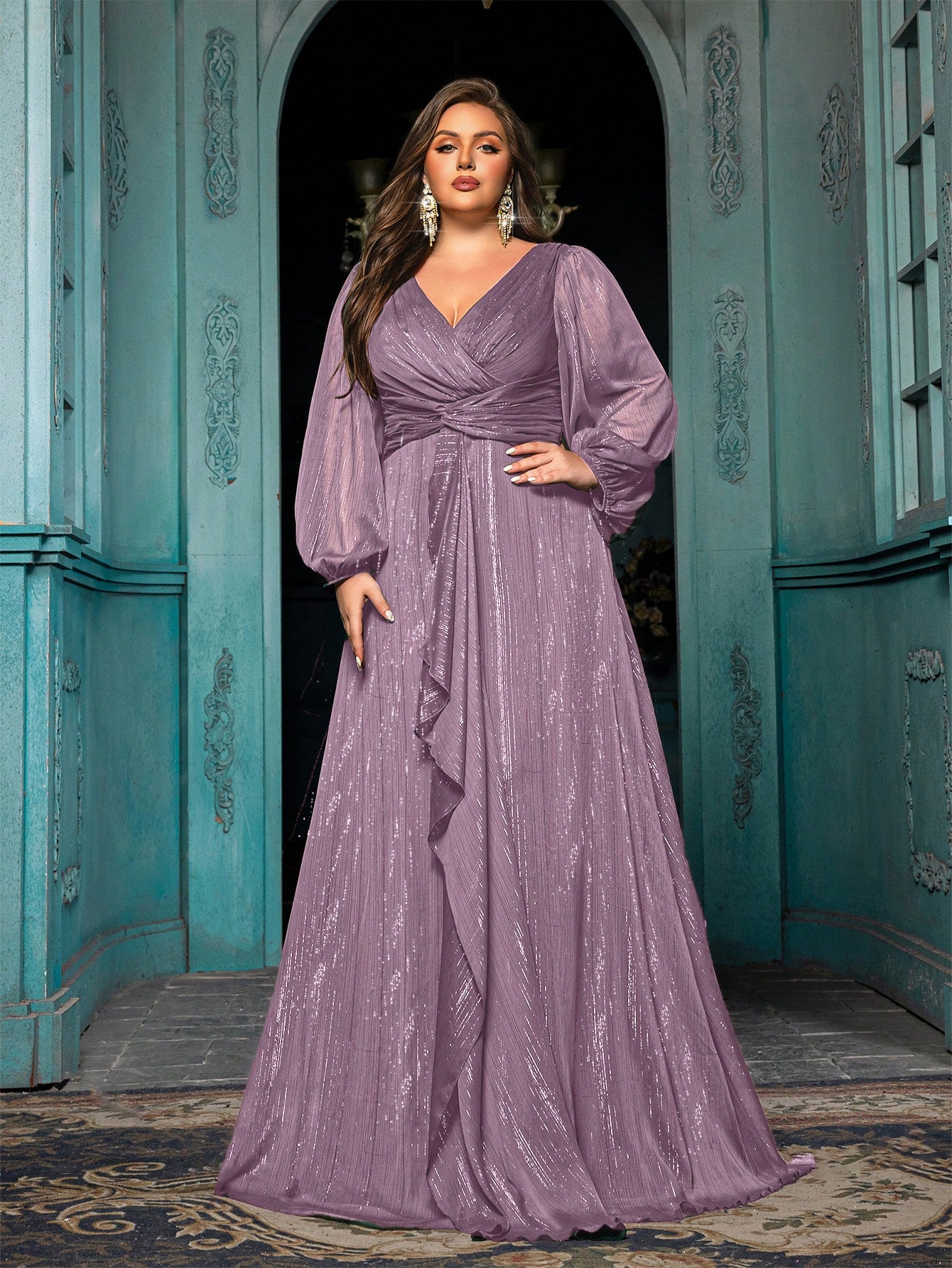 Women's Plus-size High-end Burgundy Evening Gown with Bright Stitching,V-neck Lantern Sleeves Prom Party Dress,Elegant Ruffle Wedding Guest Dress,Bridesmaid Dress,Perfect Birthday Dress,Cocktail Maxi dress,Christmas Celebration Dress,A-line Formal Dress