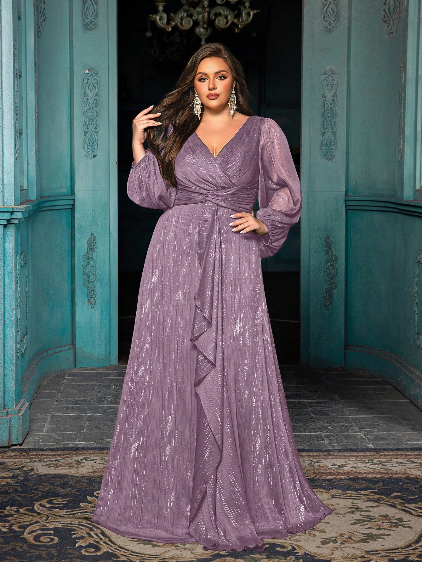 Women's Plus-size High-end Burgundy Evening Gown with Bright Stitching,V-neck Lantern Sleeves Prom Party Dress,Elegant Ruffle Wedding Guest Dress,Bridesmaid Dress,Perfect Birthday Dress,Cocktail Maxi dress,Christmas Celebration Dress,A-line Formal Dress