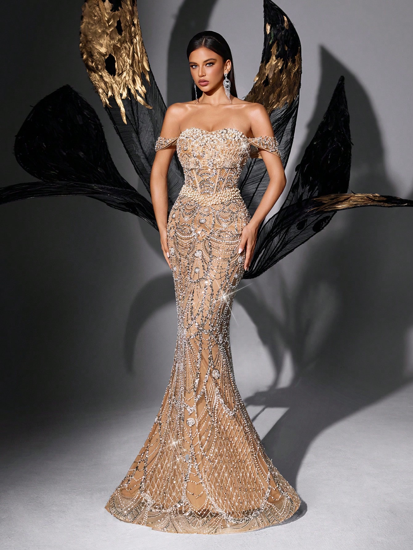 Absolutely Beautiful Solid Color Pearl Sequins Strapless Gown Dresses For Graduation Party, Engagement Party