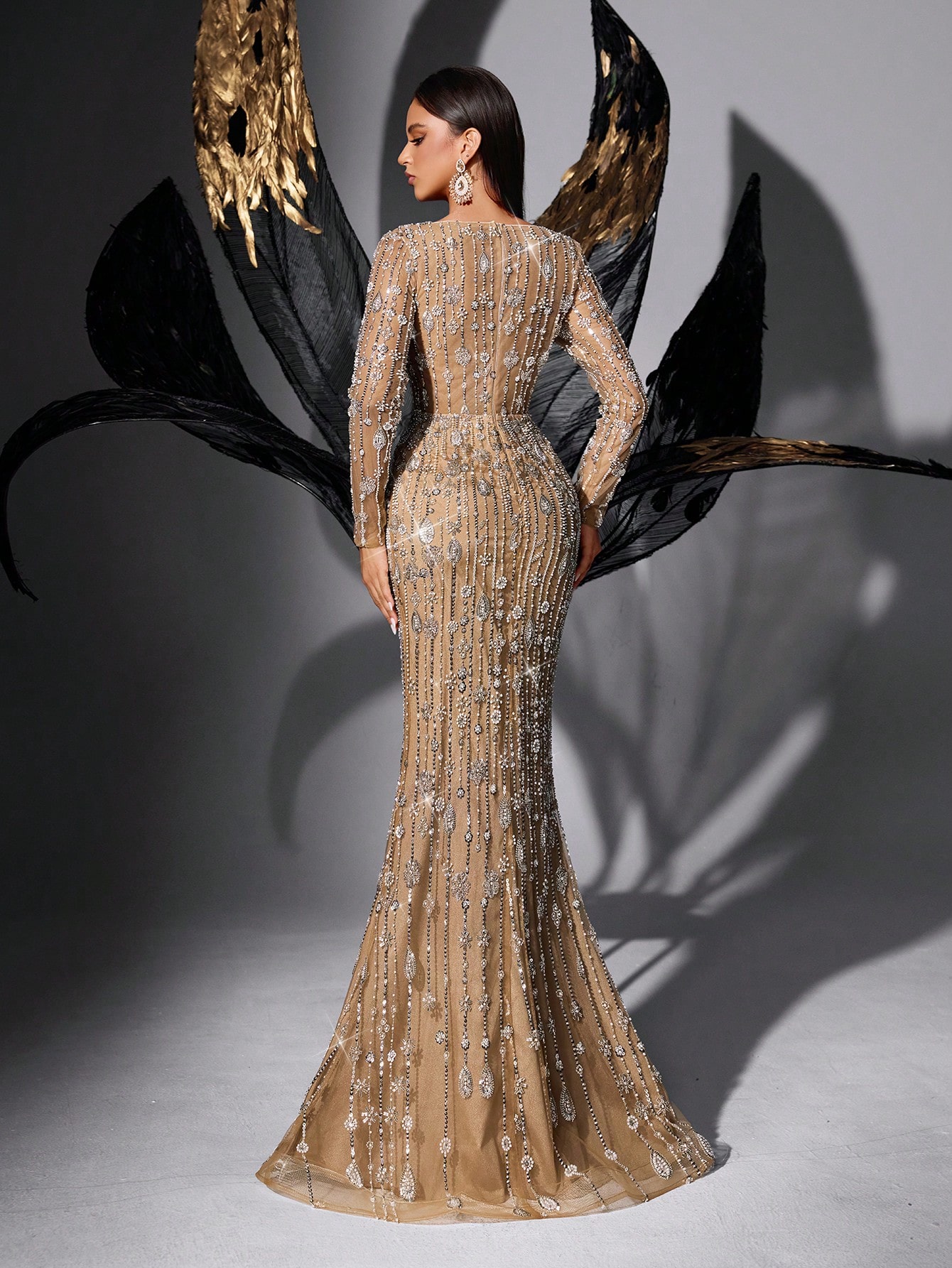 Sparkling Full-Sequin Champagne Deep V Long Sleeve Mermaid Evening Gown Elegant Design for Weddings & Galas Mermaid Silhouette