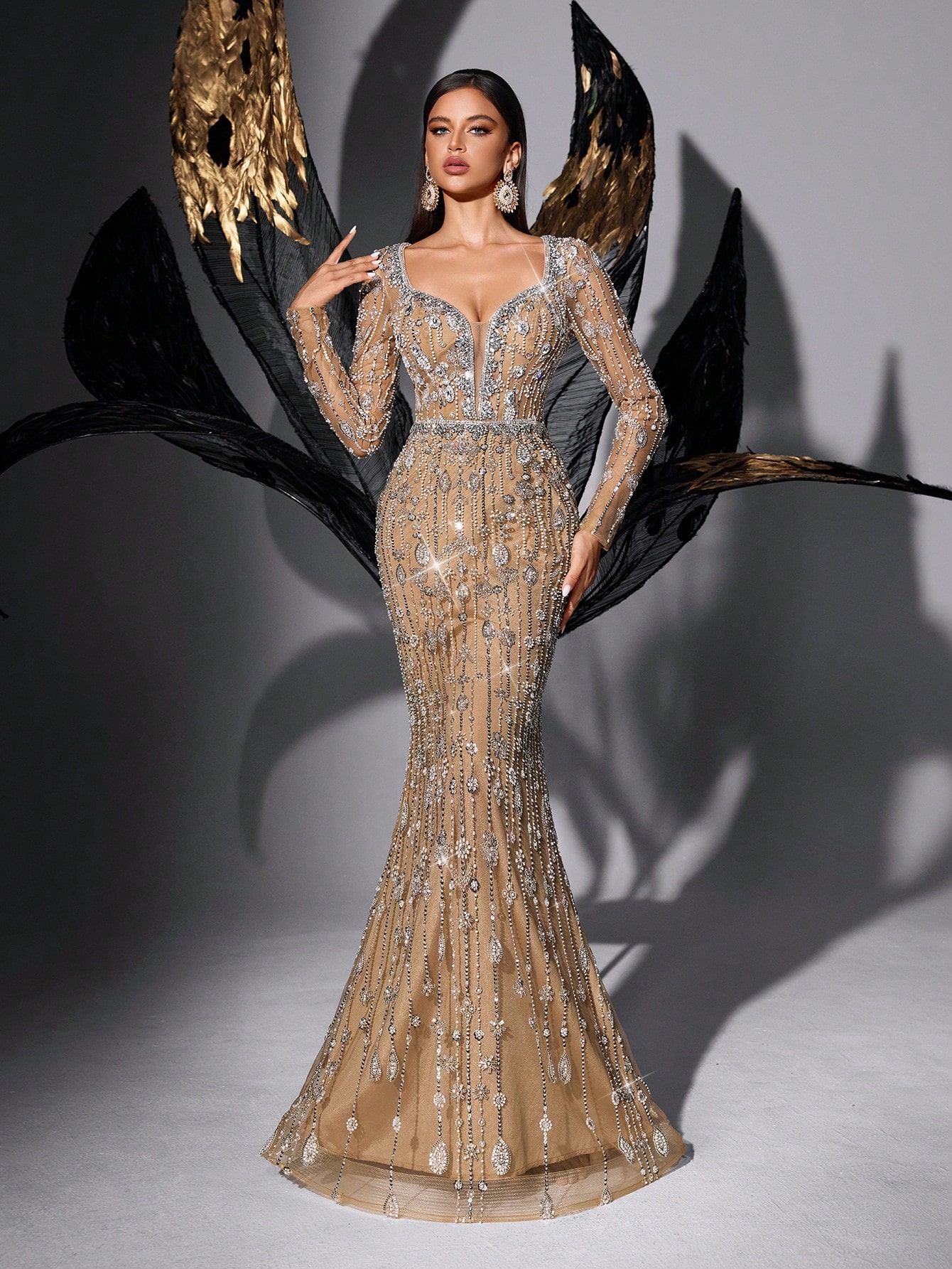 Sparkling Full-Sequin Champagne Deep V Long Sleeve Mermaid Evening Gown Elegant Design for Weddings & Galas Mermaid Silhouette