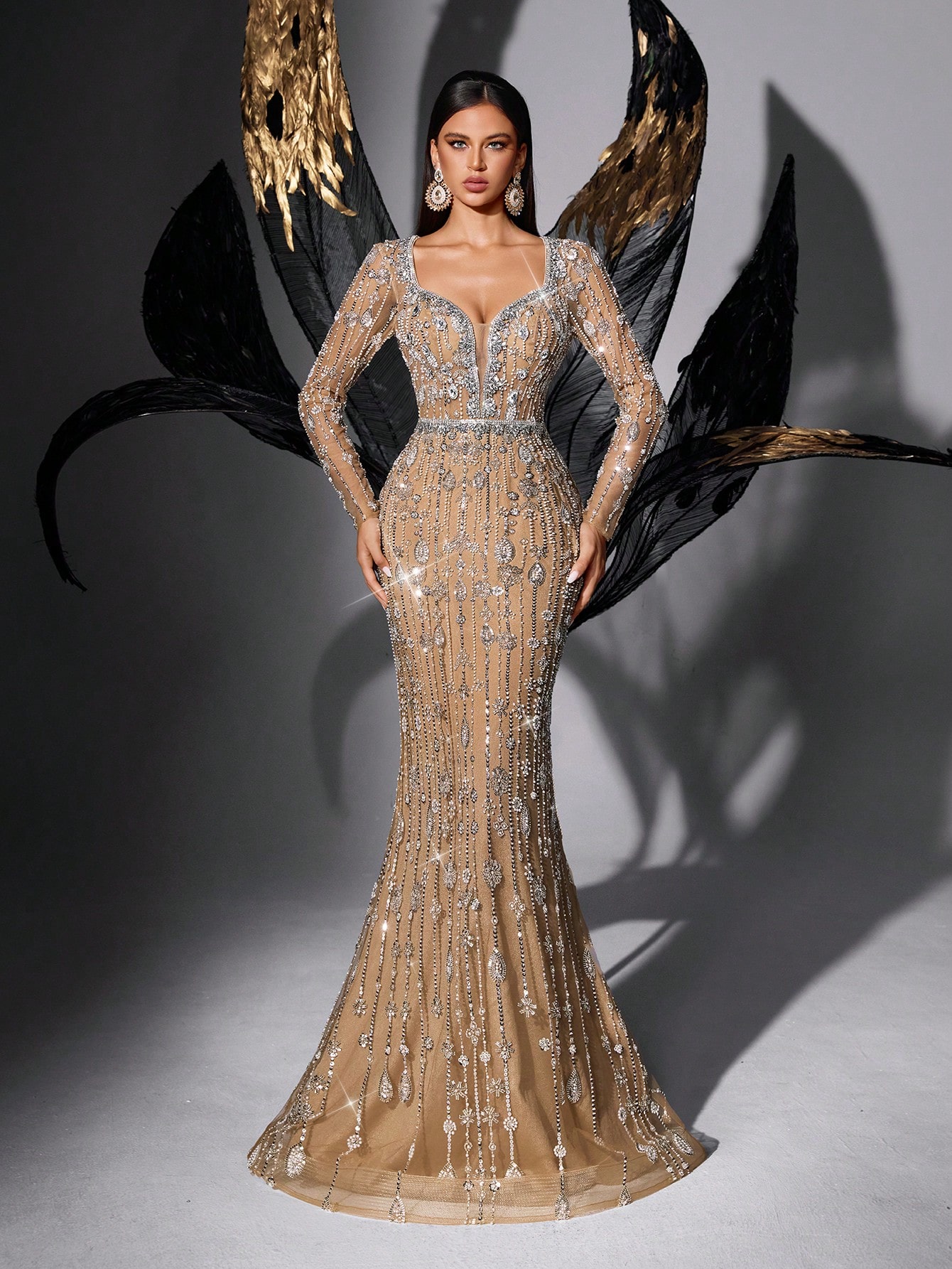 Sparkling Full-Sequin Champagne Deep V Long Sleeve Mermaid Evening Gown Elegant Design for Weddings & Galas Mermaid Silhouette