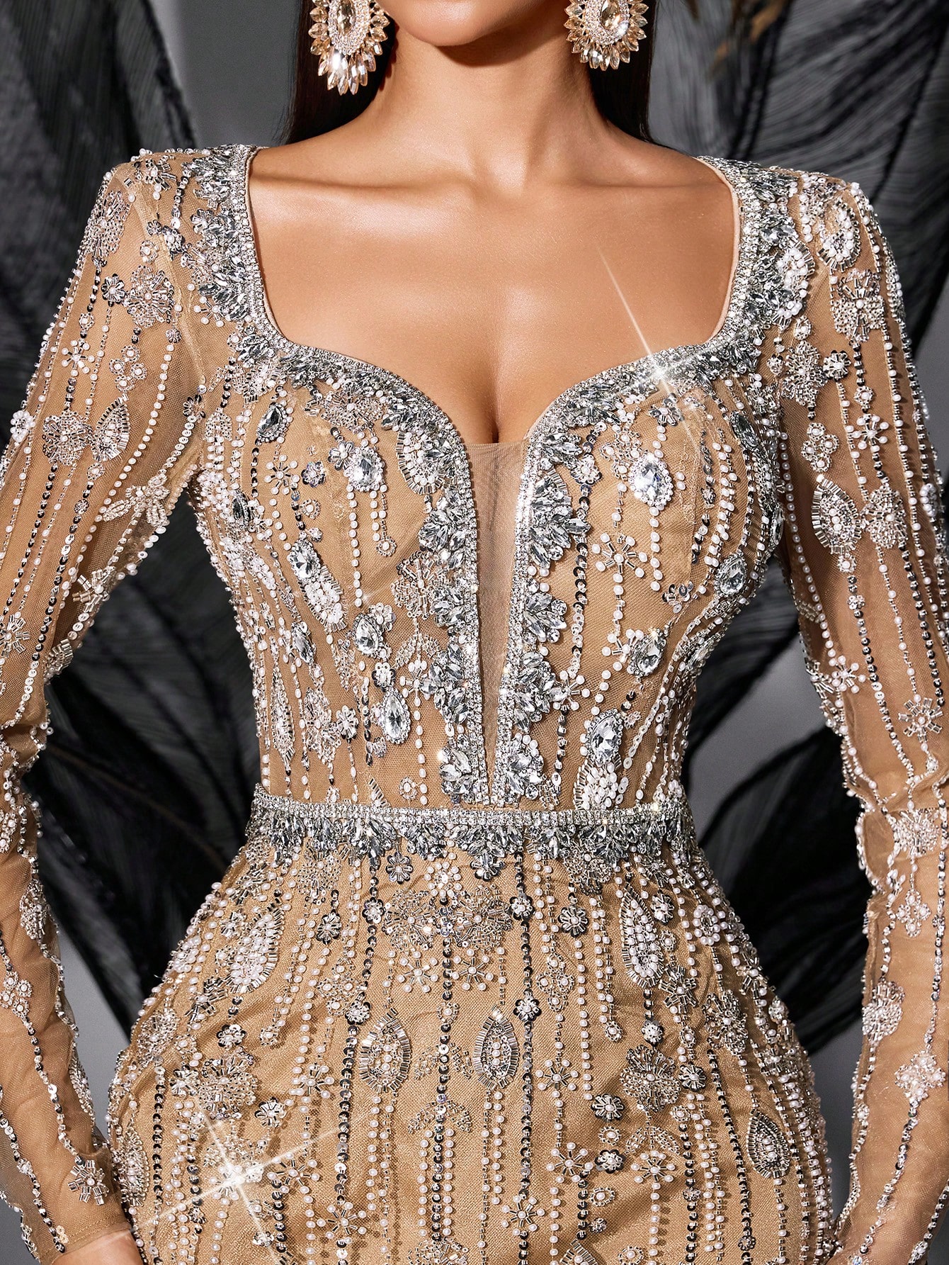 Sparkling Full-Sequin Champagne Deep V Long Sleeve Mermaid Evening Gown Elegant Design for Weddings & Galas Mermaid Silhouette