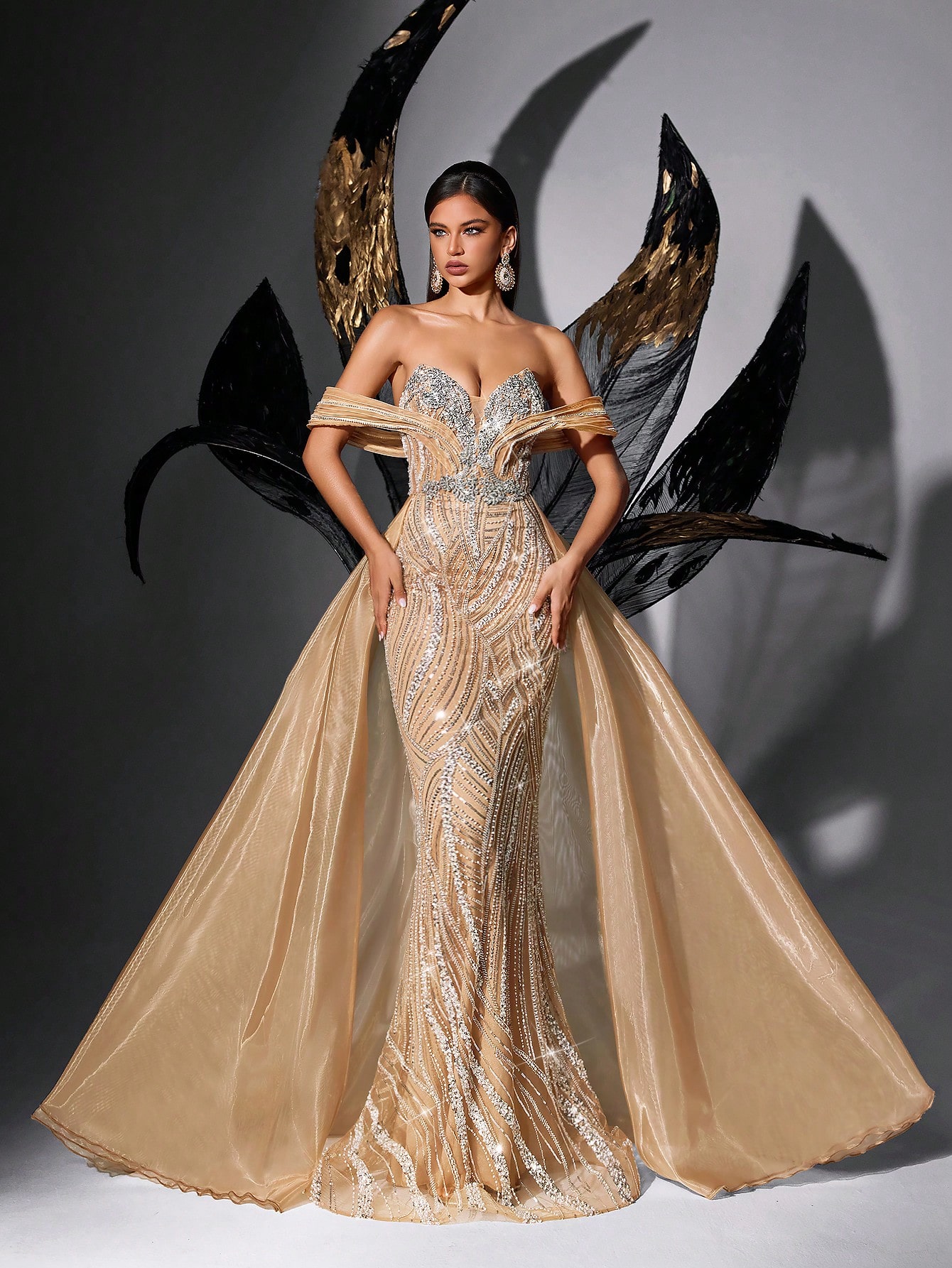 Gorgeous Sequins Party Women Evening Gown Luxury Beads Formal Dress For Evening Party, Galas, Red Carpet, Birthday Party, Charity Prom, Dinner Party Pure Color Backless Strapless Fishtail Gowns