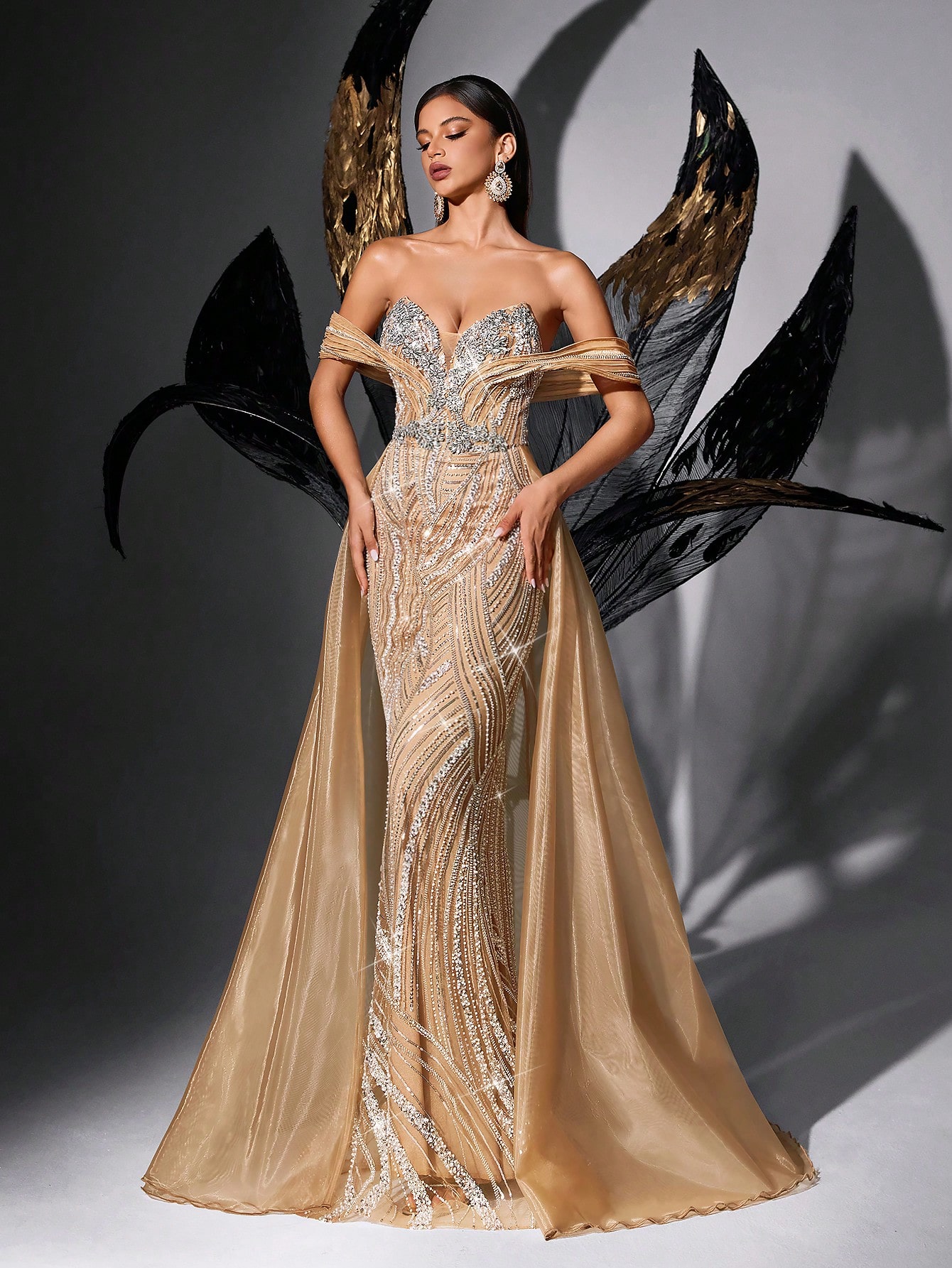 Gorgeous Sequins Party Women Evening Gown Luxury Beads Formal Dress For Evening Party, Galas, Red Carpet, Birthday Party, Charity Prom, Dinner Party Pure Color Backless Strapless Fishtail Gowns