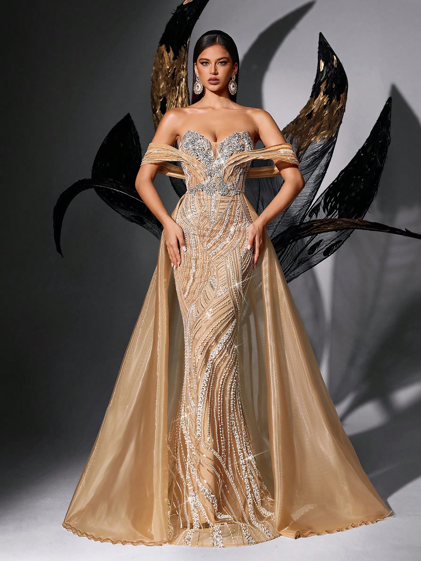 Gorgeous Sequins Party Women Evening Gown Luxury Beads Formal Dress For Evening Party, Galas, Red Carpet, Birthday Party, Charity Prom, Dinner Party Pure Color Backless Strapless Fishtail Gowns