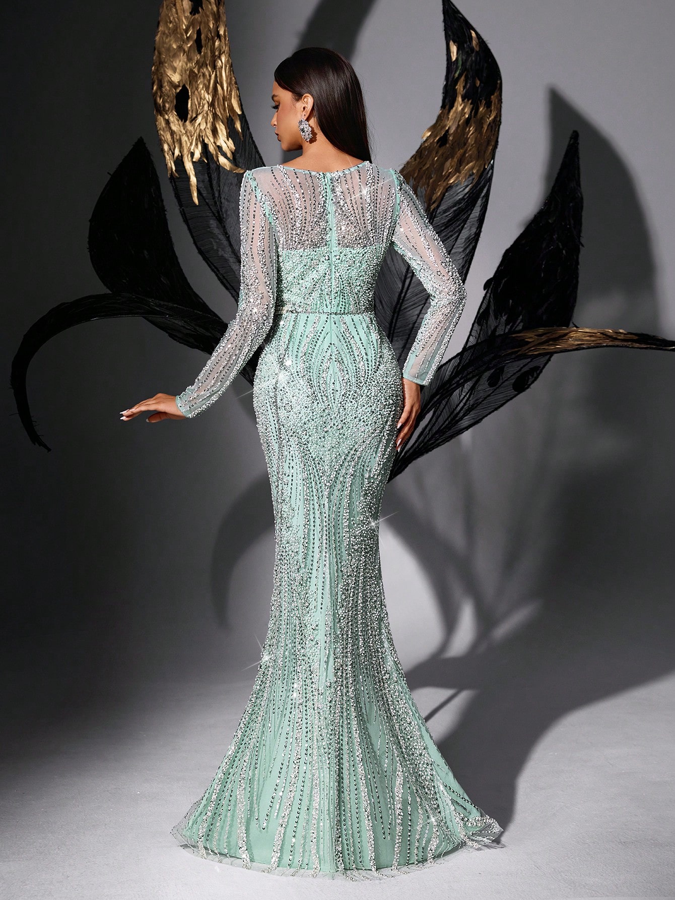 Elegant Fairy Spring Summer Sequins Evening Gown Women Party Beads Formal Dress For Charity Prom, Galas, Red Carpet, High Society Dinners, Birthday Party, Graduation Prom Solid Color Long Sleeve Fishtail Dresses