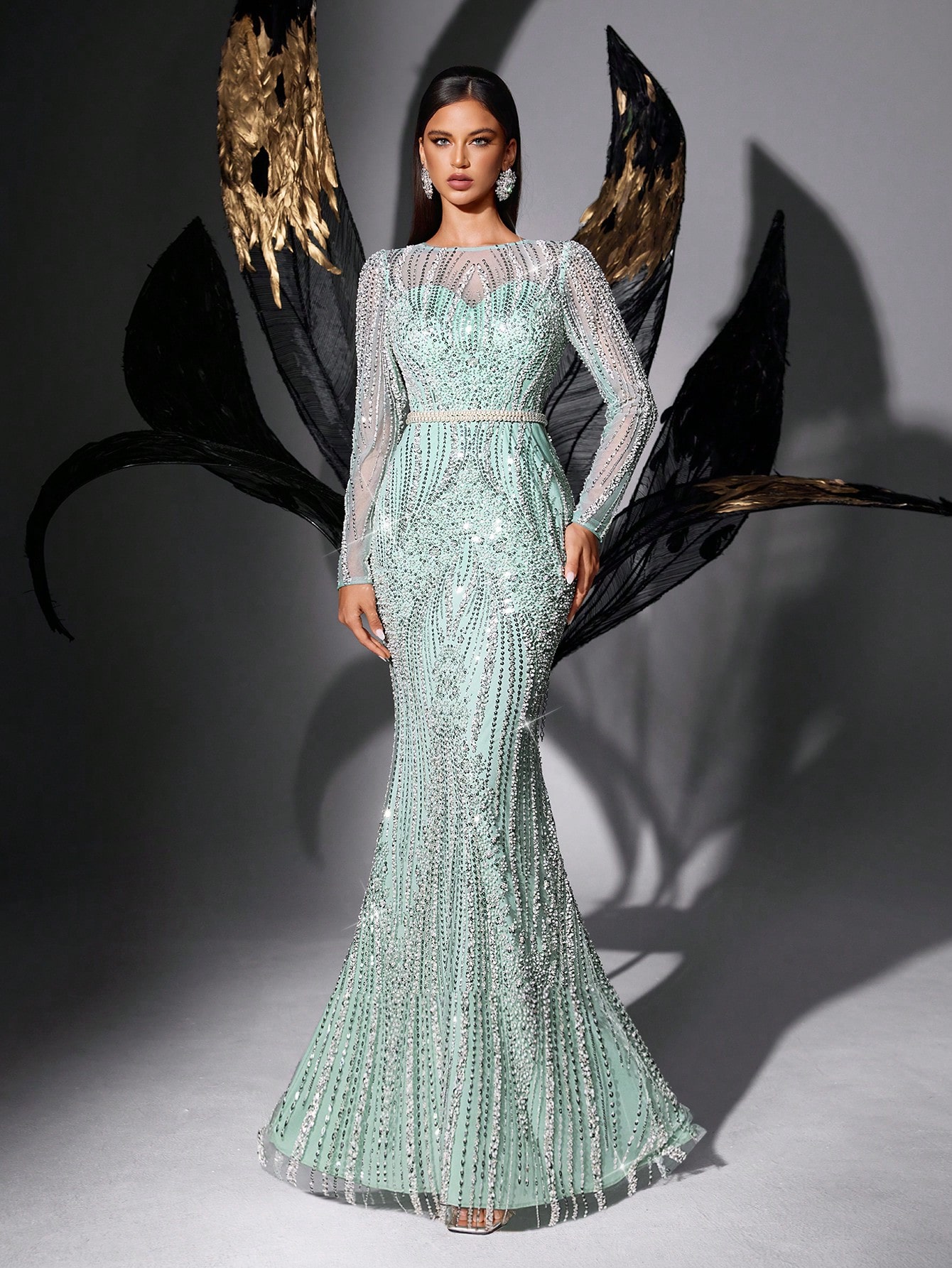 Elegant Fairy Spring Summer Sequins Evening Gown Women Party Beads Formal Dress For Charity Prom, Galas, Red Carpet, High Society Dinners, Birthday Party, Graduation Prom Solid Color Long Sleeve Fishtail Dresses