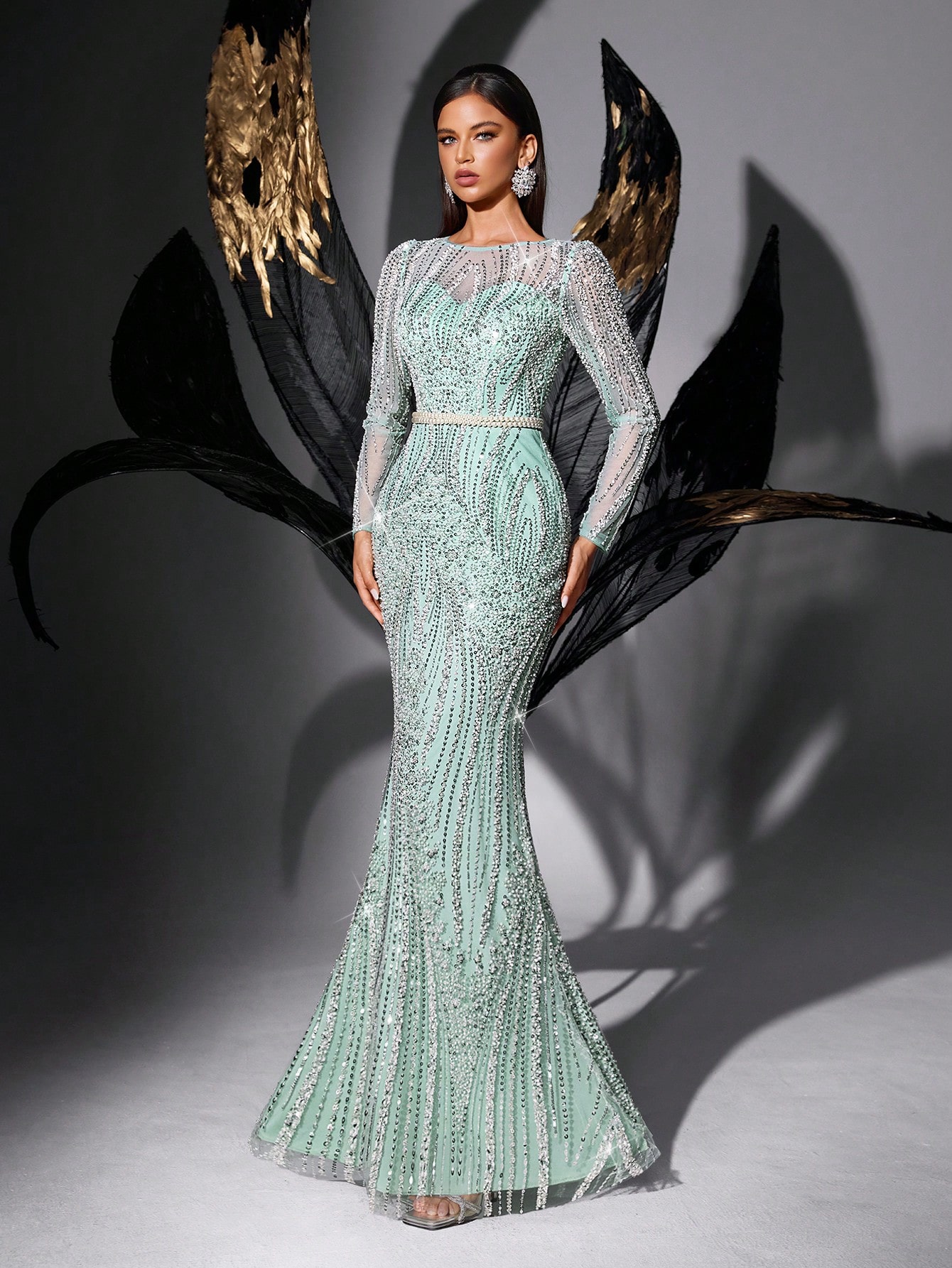 Elegant Fairy Spring Summer Sequins Evening Gown Women Party Beads Formal Dress For Charity Prom, Galas, Red Carpet, High Society Dinners, Birthday Party, Graduation Prom Solid Color Long Sleeve Fishtail Dresses