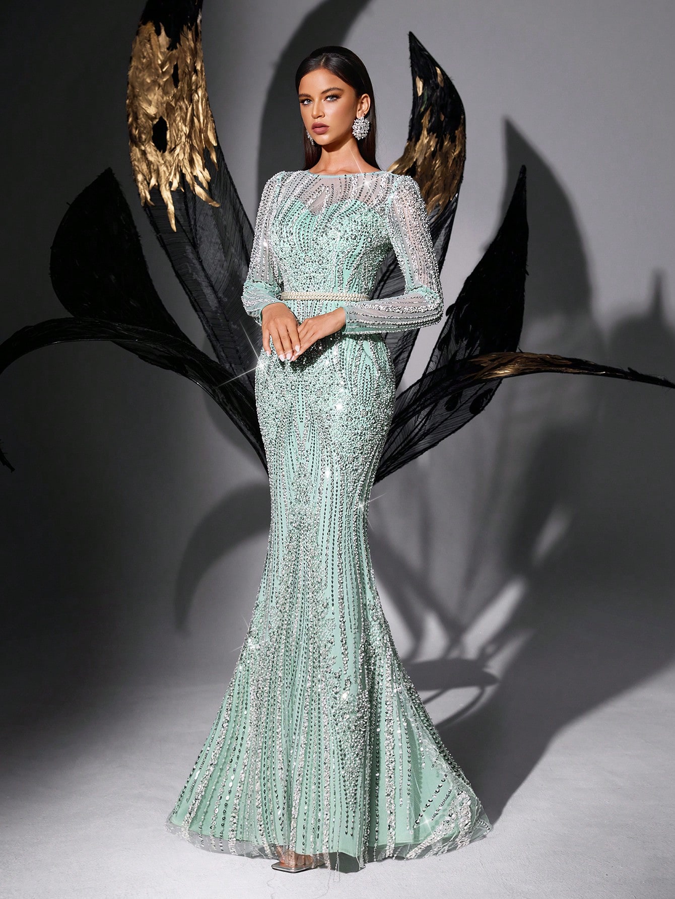 Elegant Fairy Spring Summer Sequins Evening Gown Women Party Beads Formal Dress For Charity Prom, Galas, Red Carpet, High Society Dinners, Birthday Party, Graduation Prom Solid Color Long Sleeve Fishtail Dresses