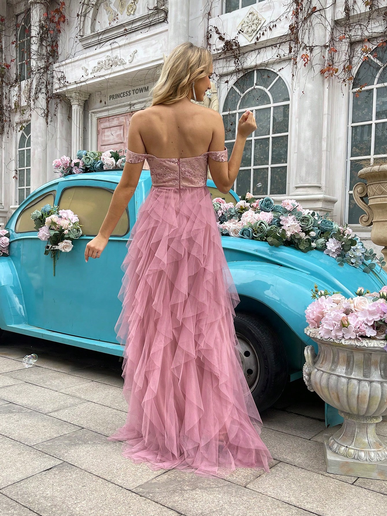 Fashionable Elegant Lace Splicing Mesh High Slit Bridesmaid Gown Dresses