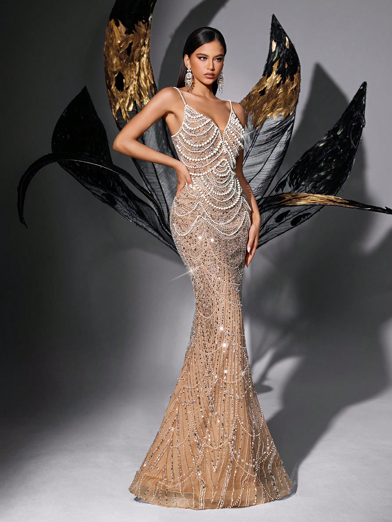 Gorgeous Temperament Sequin Beading V-Neck Sleeveless Mermaid Hem Gown Dresses (Heavily Embellished)