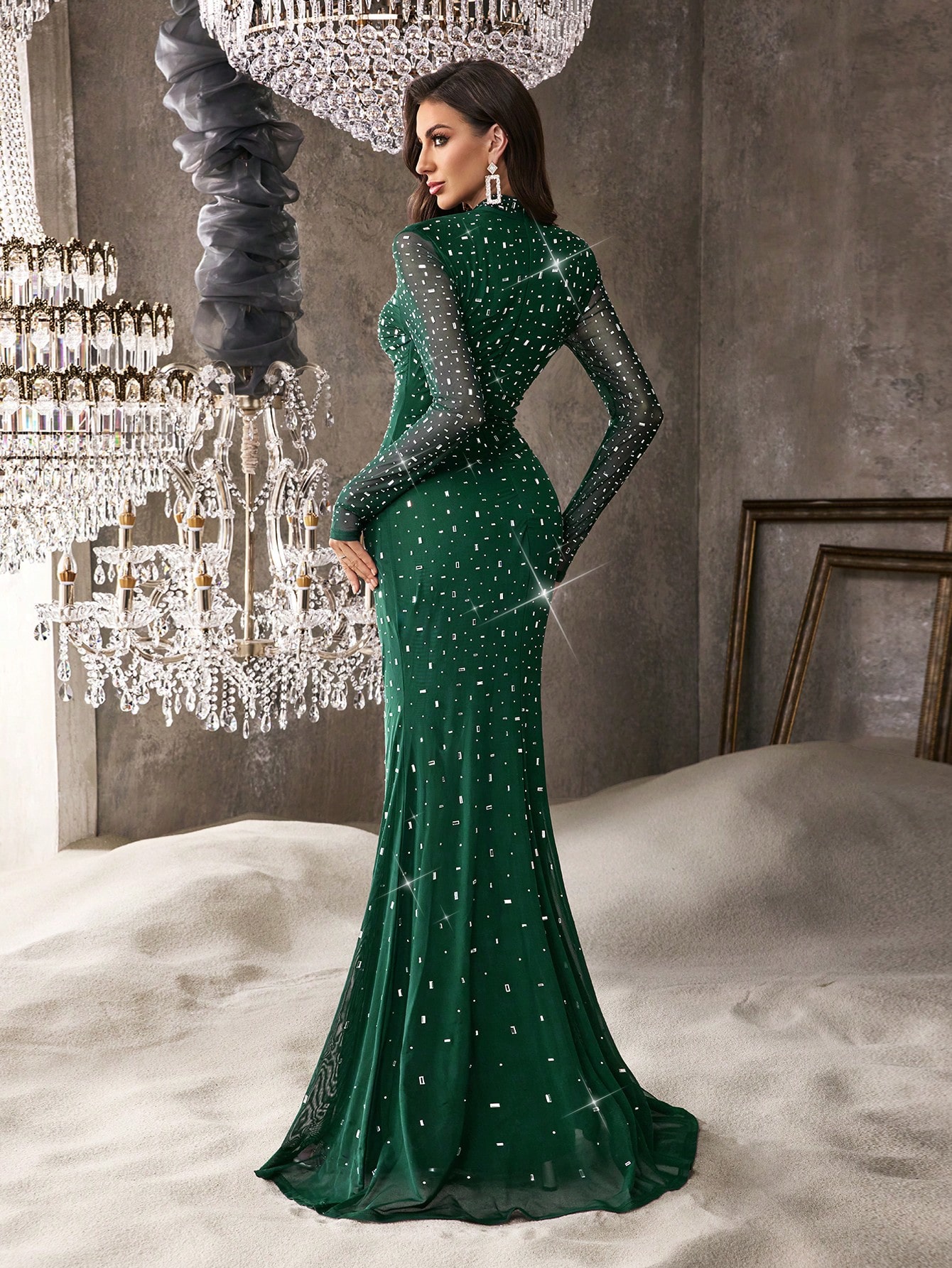 Elegant Temperament Solid Color Hot Drill Rhinestone Stand Collar Long Sleeve Mermaid Gown Dresses For Banquet, Evening Party, Birthday Party