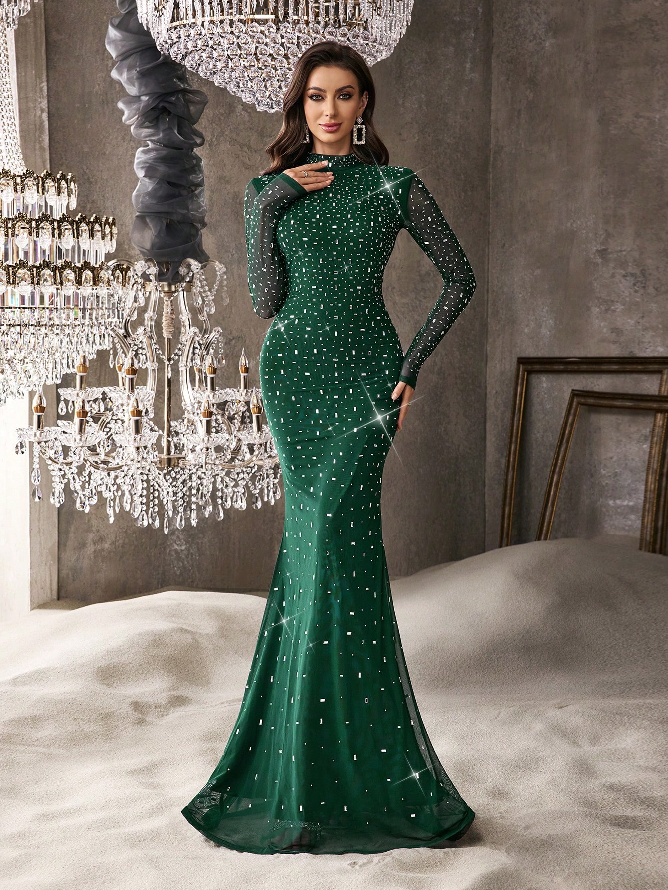 Elegant Temperament Solid Color Hot Drill Rhinestone Stand Collar Long Sleeve Mermaid Gown Dresses For Banquet, Evening Party, Birthday Party