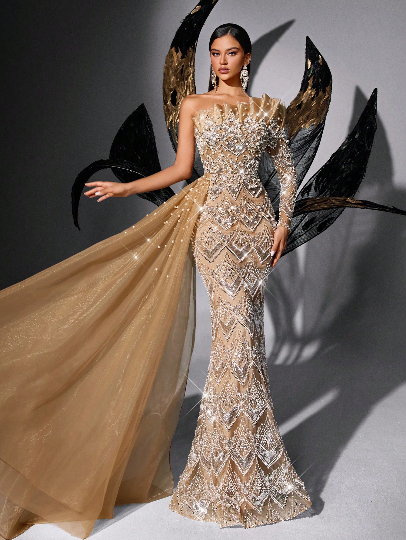 Chic Design Solid Color Sequins Beading One Shoulder Mermaid Hem Gown Dresses