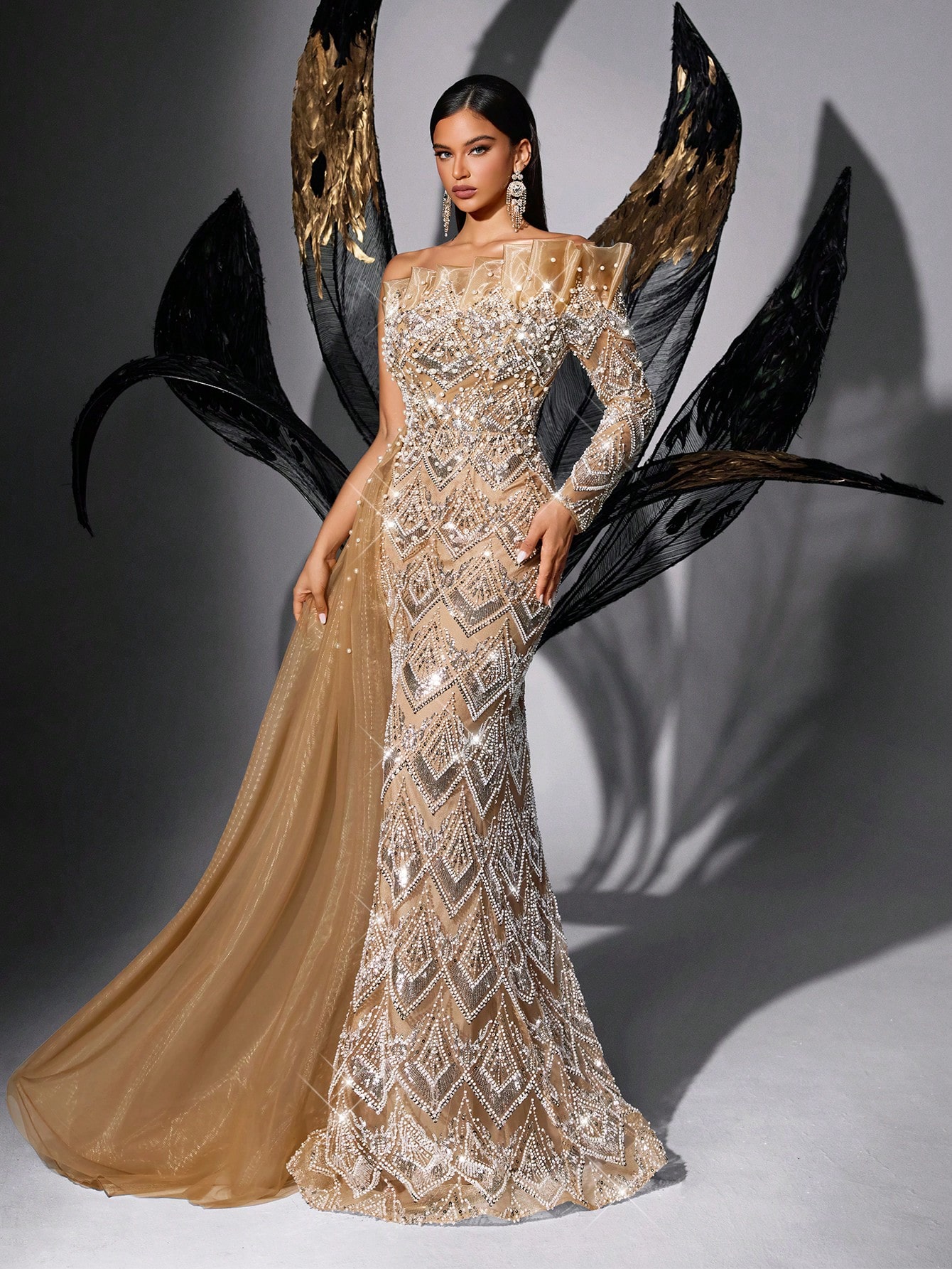 Chic Design Solid Color Sequins Beading One Shoulder Mermaid Hem Gown Dresses