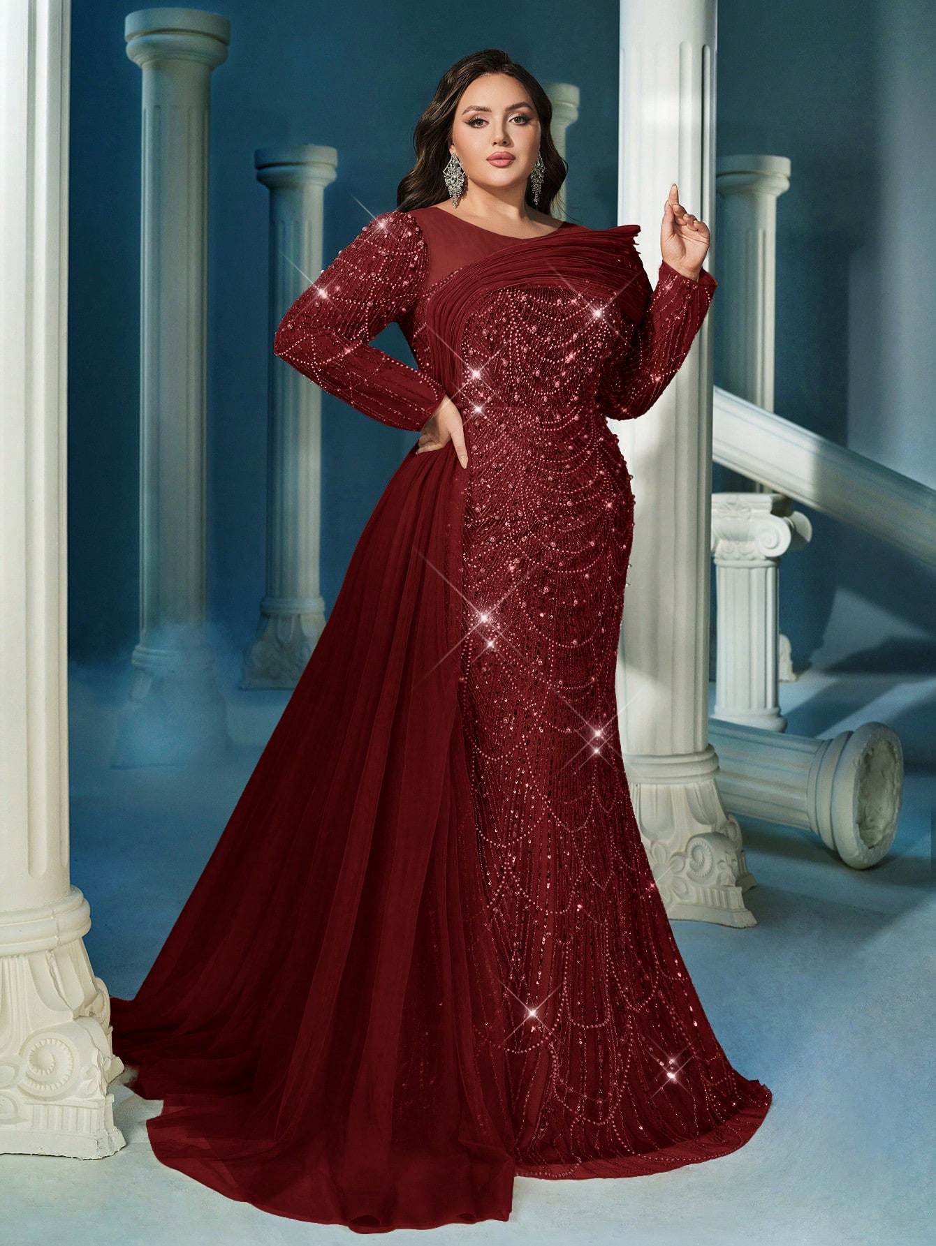 Sparkling Glamorous Champagne Color Plus Size Sequin Long Sleeve Mermaid Hem Gown Dress (Heavily Embellished)