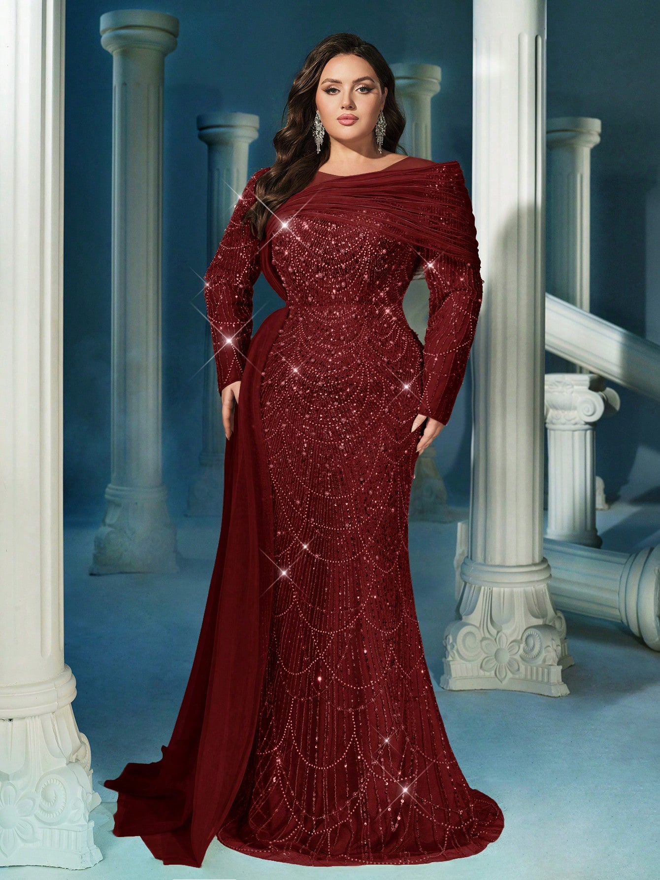 Sparkling Glamorous Champagne Color Plus Size Sequin Long Sleeve Mermaid Hem Gown Dress (Heavily Embellished)