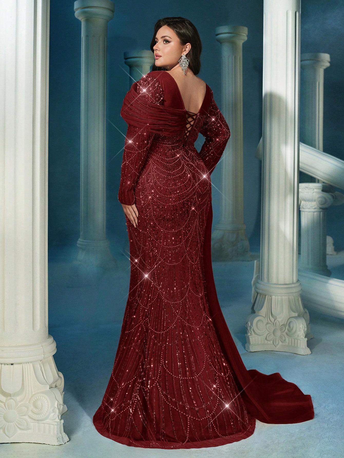 Sparkling Glamorous Champagne Color Plus Size Sequin Long Sleeve Mermaid Hem Gown Dress (Heavily Embellished)