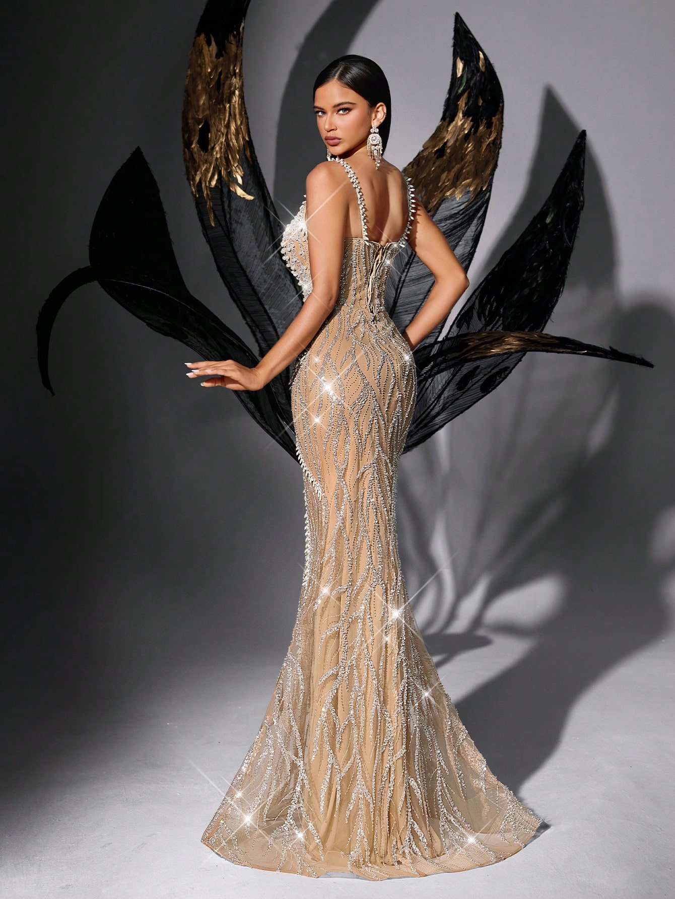 Bling Gorgeous Solid Color Sequin Beaded Backless Strapless Slim Gown Dresses