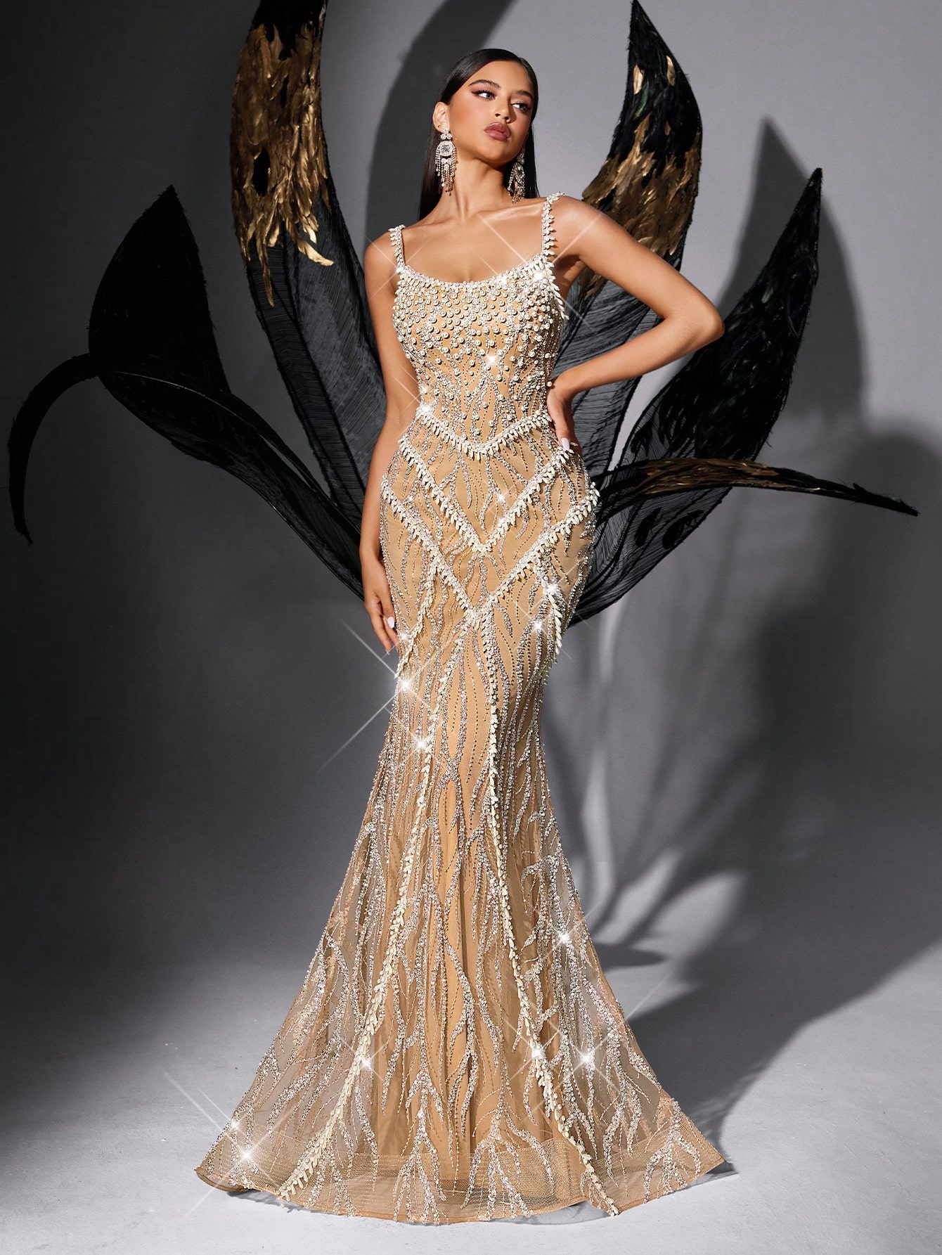 Bling Gorgeous Solid Color Sequin Beaded Backless Strapless Slim Gown Dresses