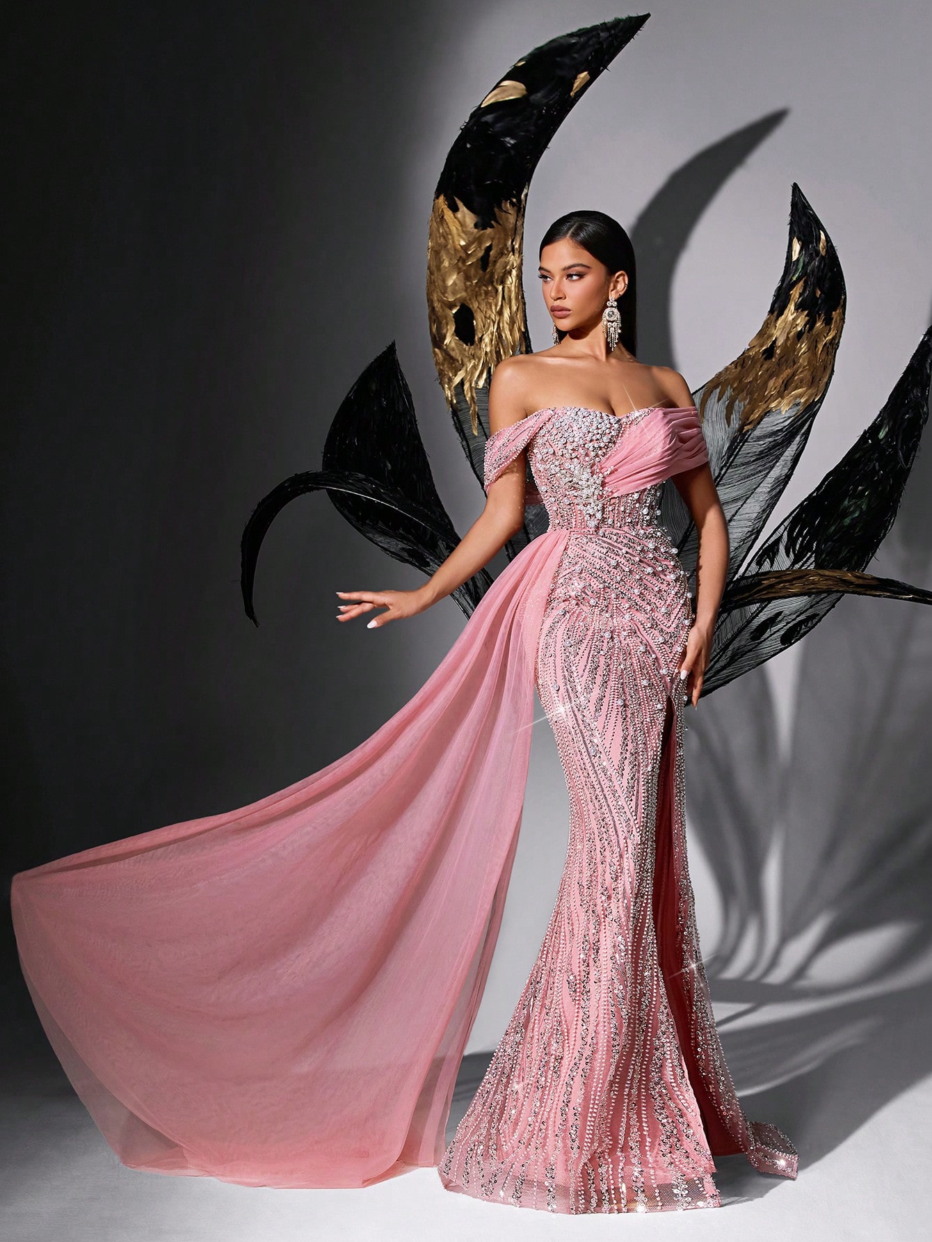 Fairy Style Pink Sequin Beading Strapless High Slit Mermaid Hem Gown Dresses