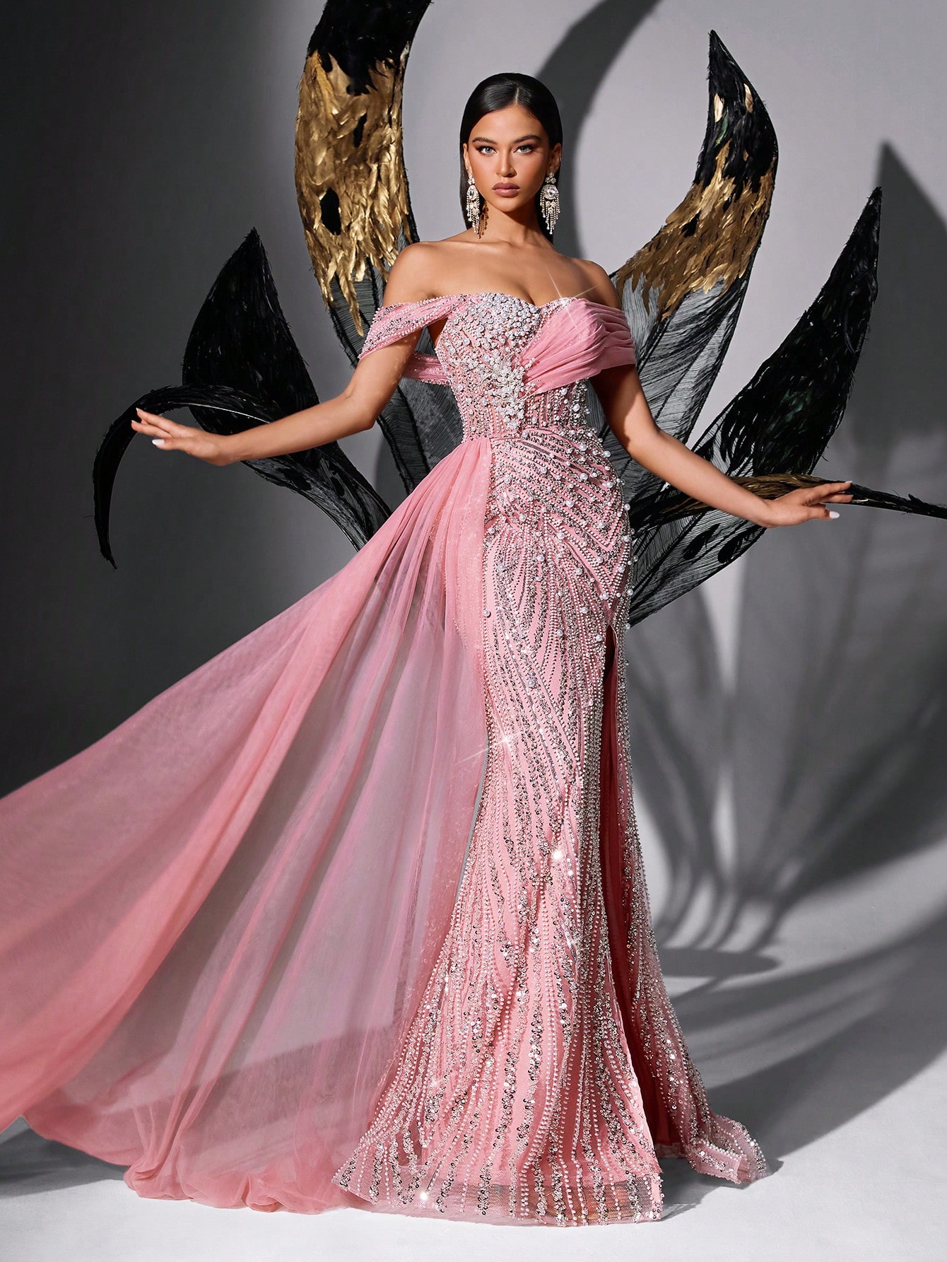 Fairy Style Pink Sequin Beading Strapless High Slit Mermaid Hem Gown Dresses