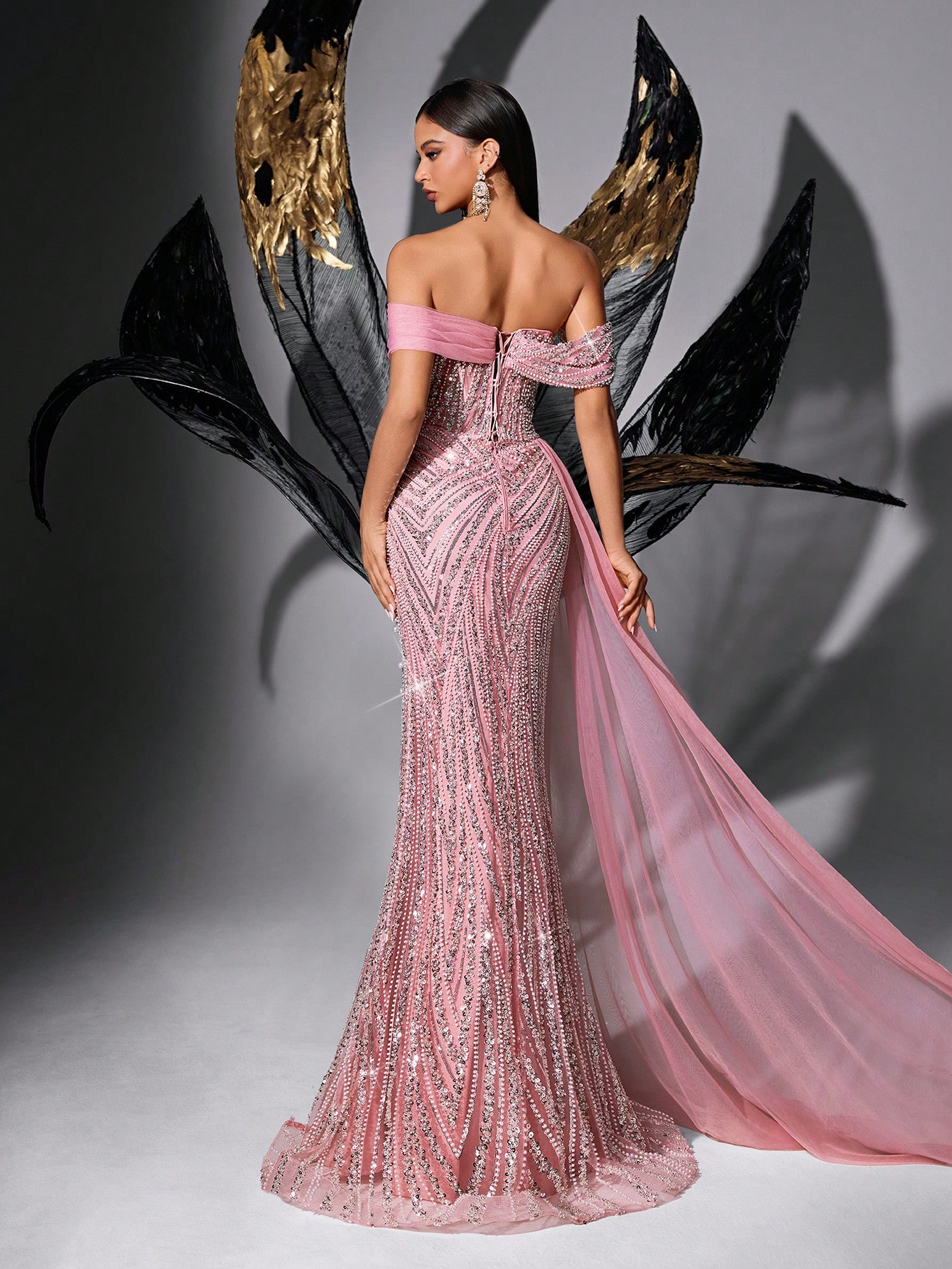 Fairy Style Pink Sequin Beading Strapless High Slit Mermaid Hem Gown Dresses