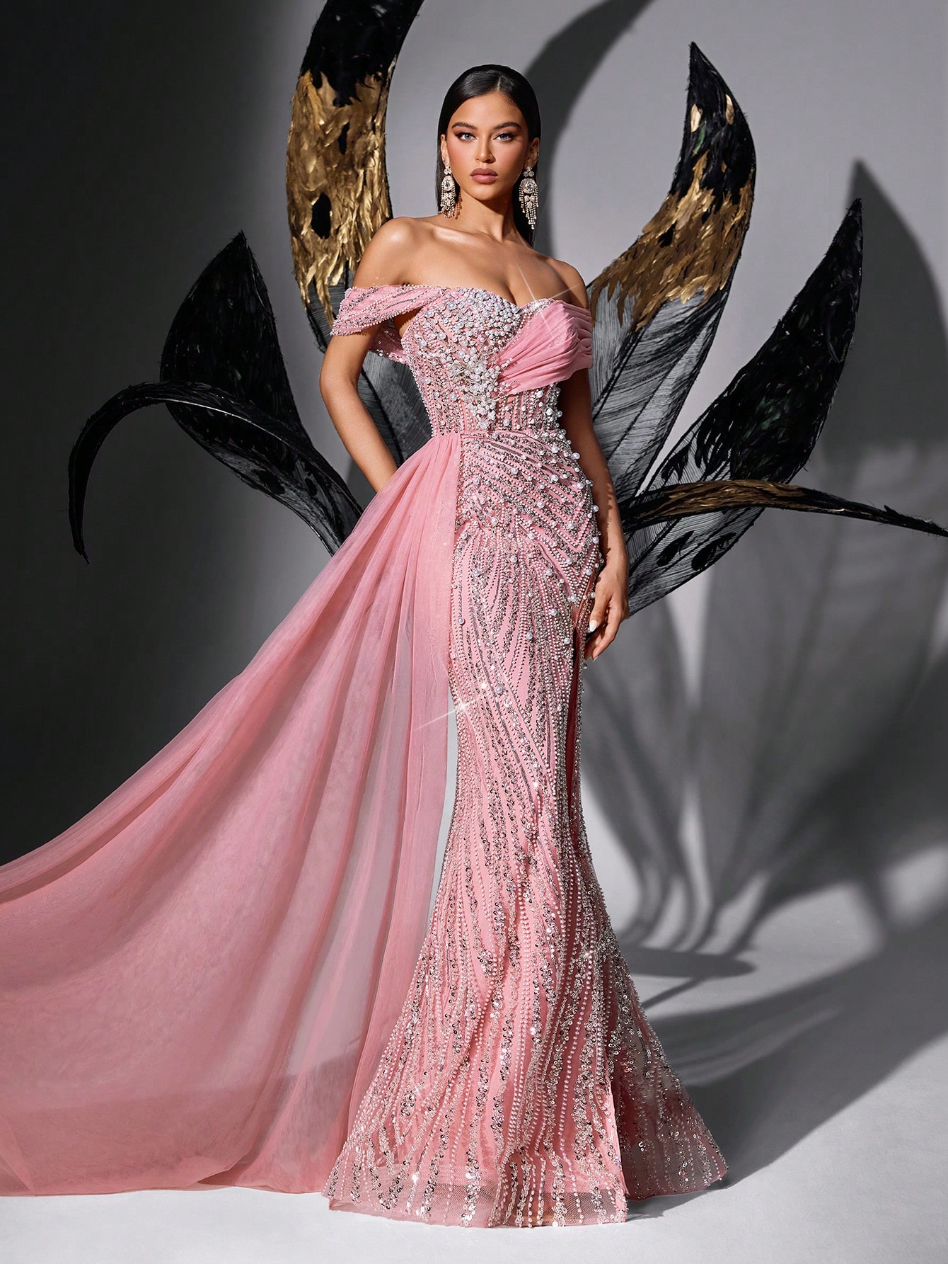 Fairy Style Pink Sequin Beading Strapless High Slit Mermaid Hem Gown Dresses