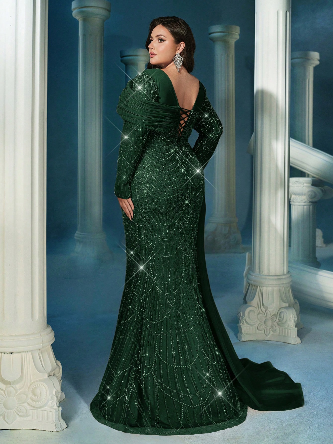 Sparkling Glamorous Champagne Color Plus Size Sequin Long Sleeve Mermaid Hem Gown Dress (Heavily Embellished)