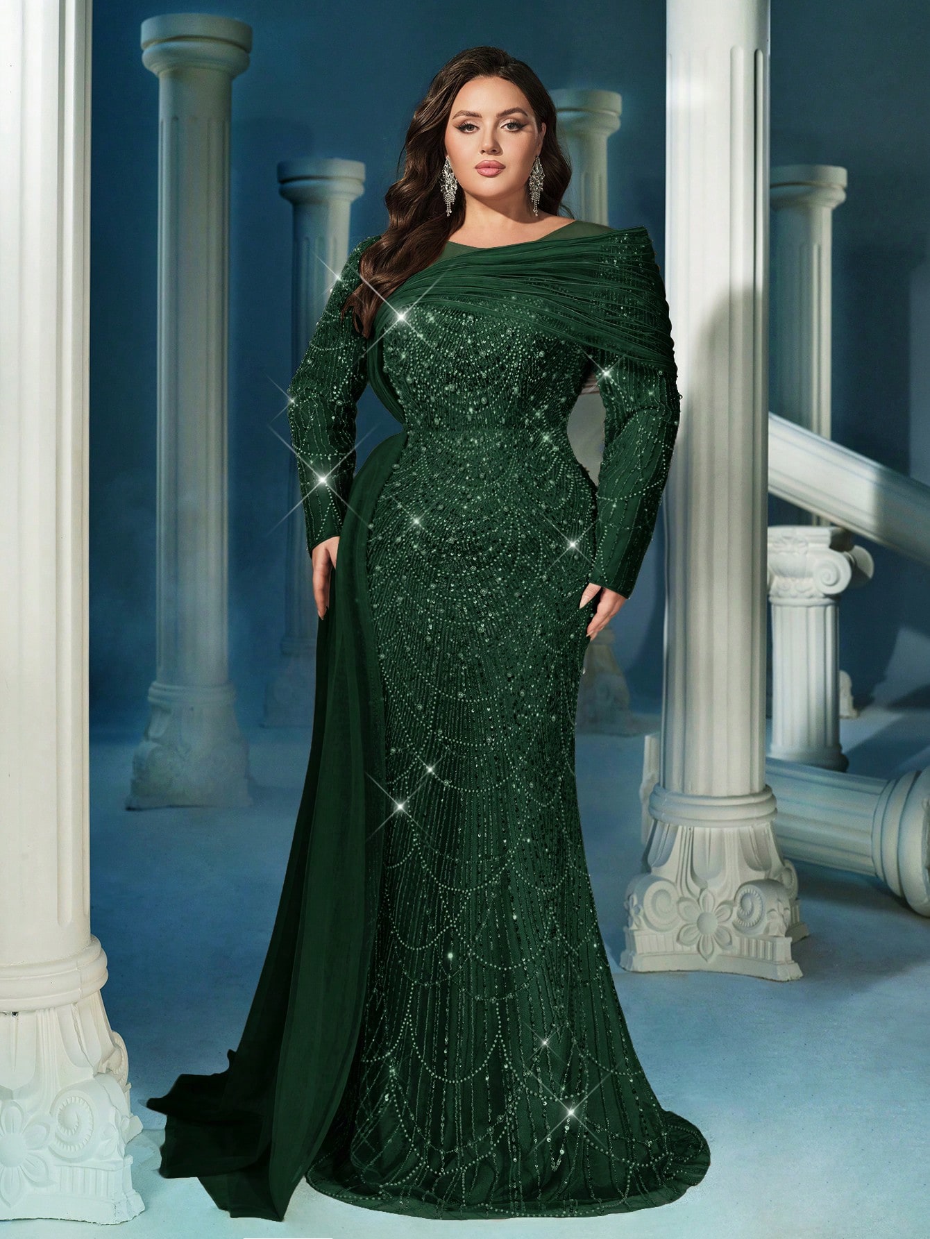 Sparkling Glamorous Champagne Color Plus Size Sequin Long Sleeve Mermaid Hem Gown Dress (Heavily Embellished)