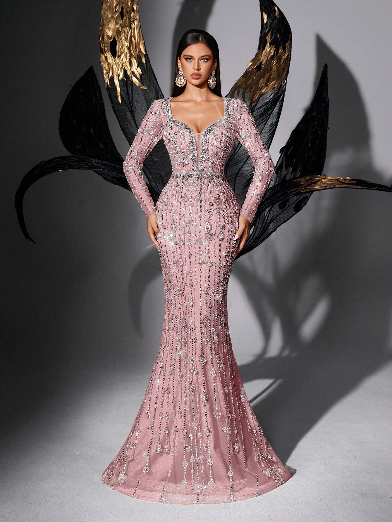 Sparkling Full-Sequin Champagne Deep V Long Sleeve Mermaid Evening Gown Elegant Design for Weddings & Galas Mermaid Silhouette