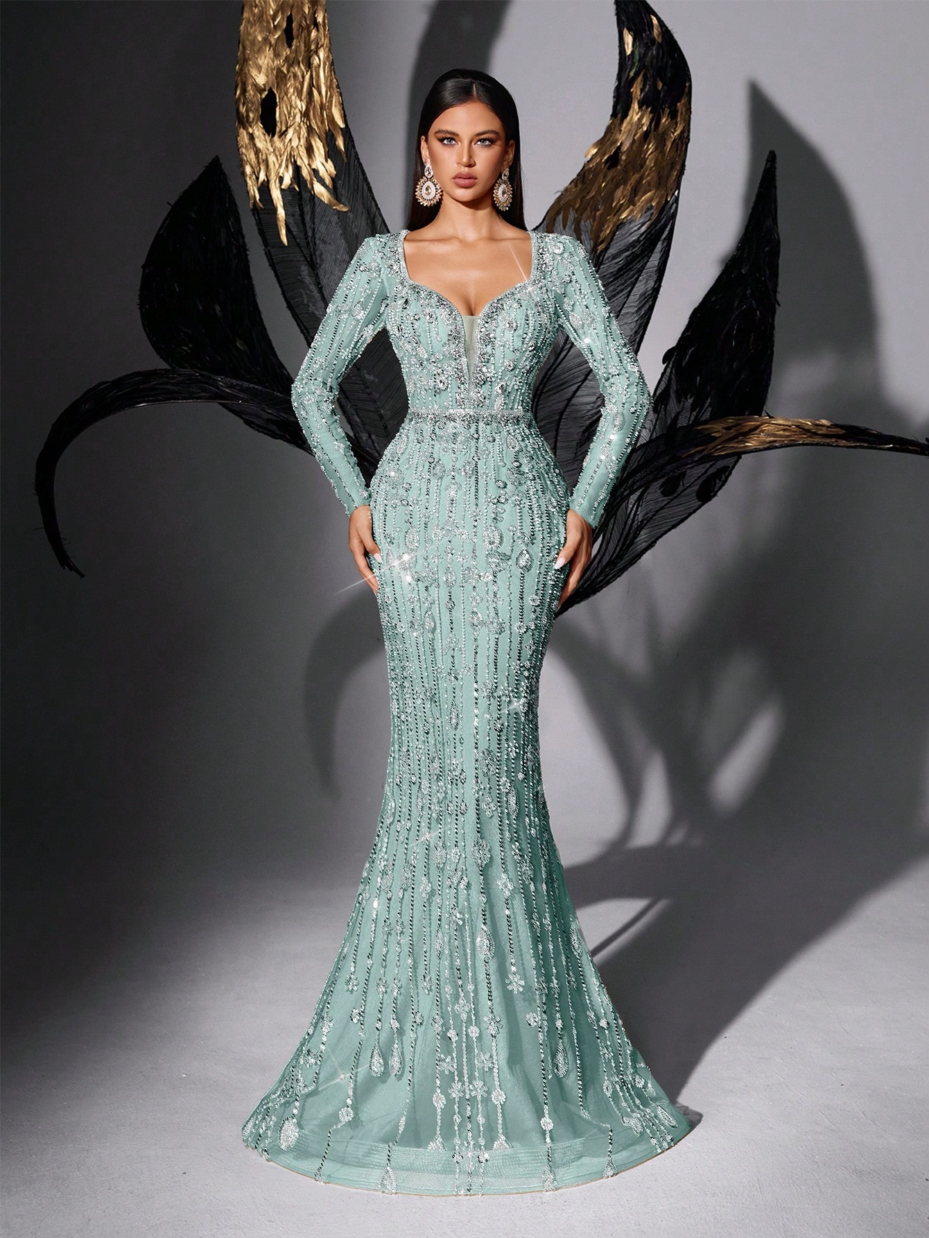 Sparkling Full-Sequin Champagne Deep V Long Sleeve Mermaid Evening Gown Elegant Design for Weddings & Galas Mermaid Silhouette