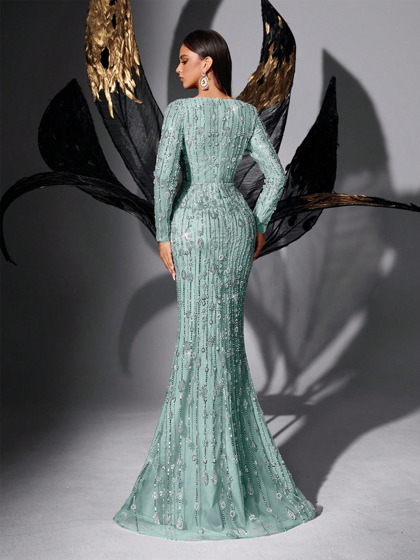 Sparkling Full-Sequin Champagne Deep V Long Sleeve Mermaid Evening Gown Elegant Design for Weddings & Galas Mermaid Silhouette