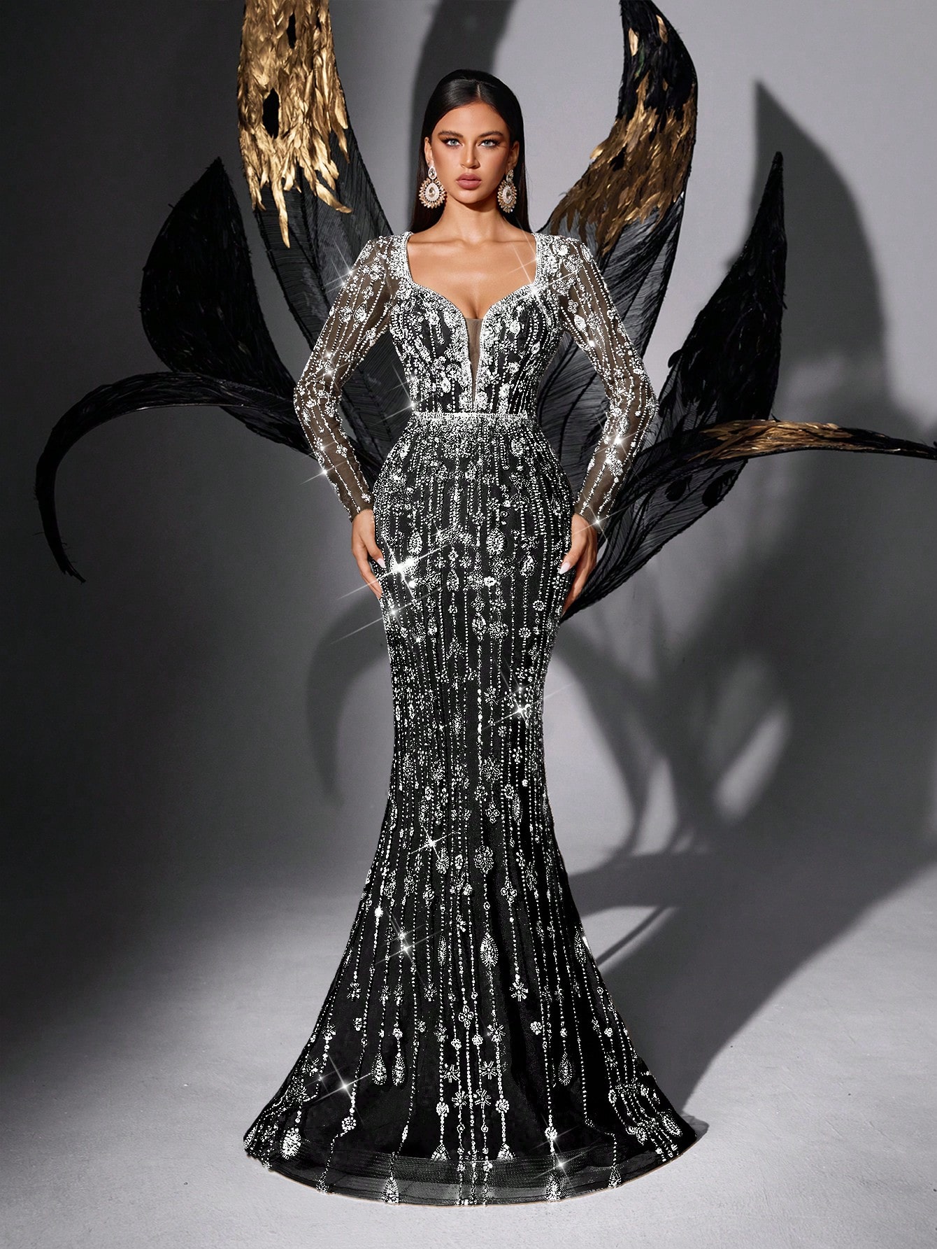 Sparkling Full-Sequin Champagne Deep V Long Sleeve Mermaid Evening Gown Elegant Design for Weddings & Galas Mermaid Silhouette