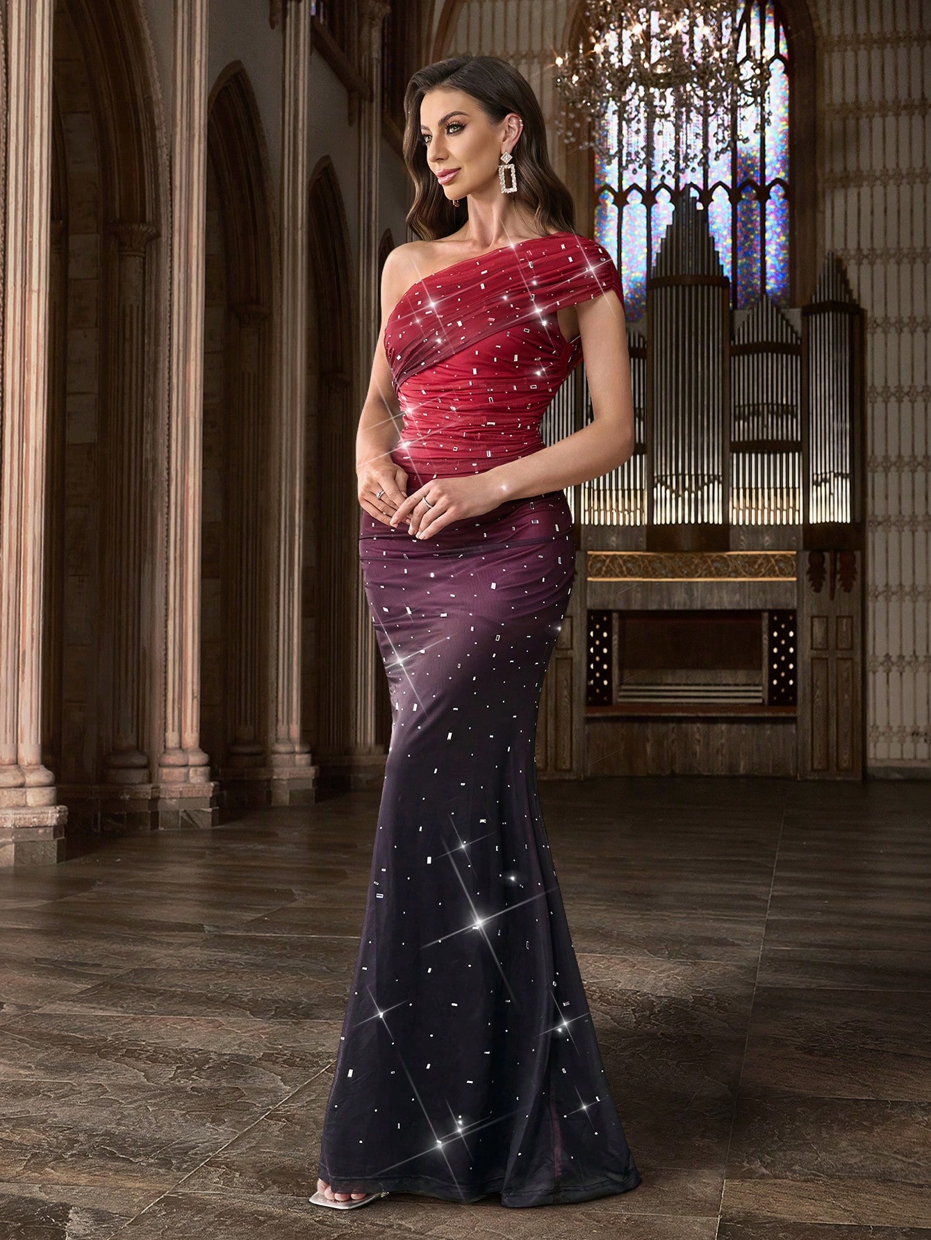 Charm Women Solid Color Formal Dresses Evening Girls Gown Suitable Graduation Party, Galas, Red Carpet Events ,Asymmetrical Neck Hot Drill Rhinestone Dresses