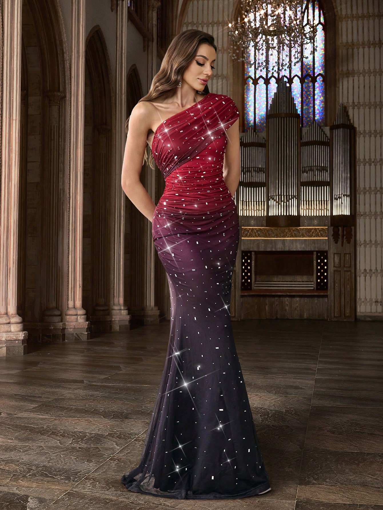 Charm Women Solid Color Formal Dresses Evening Girls Gown Suitable Graduation Party, Galas, Red Carpet Events ,Asymmetrical Neck Hot Drill Rhinestone Dresses