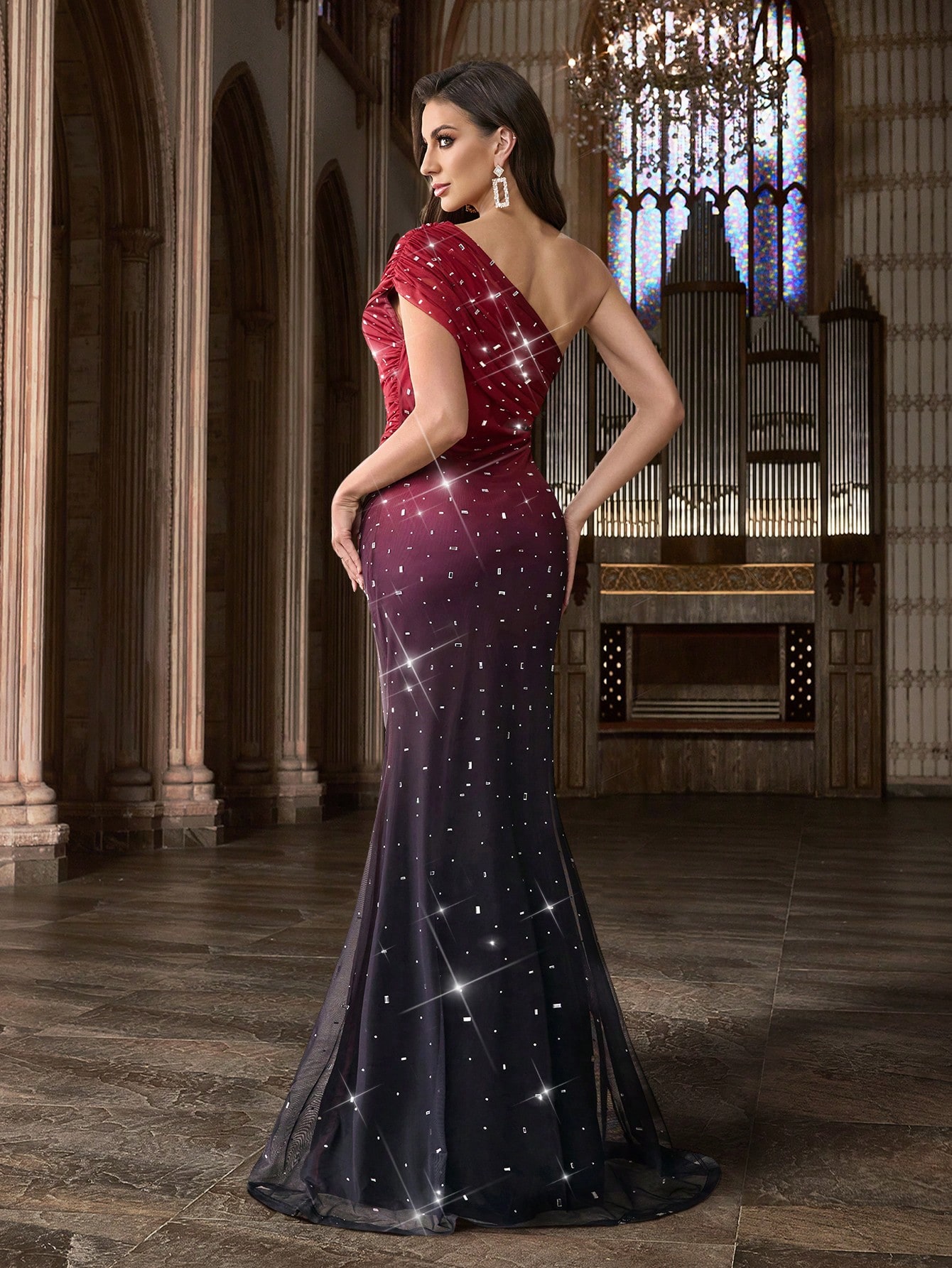 Charm Women Solid Color Formal Dresses Evening Girls Gown Suitable Graduation Party, Galas, Red Carpet Events ,Asymmetrical Neck Hot Drill Rhinestone Dresses