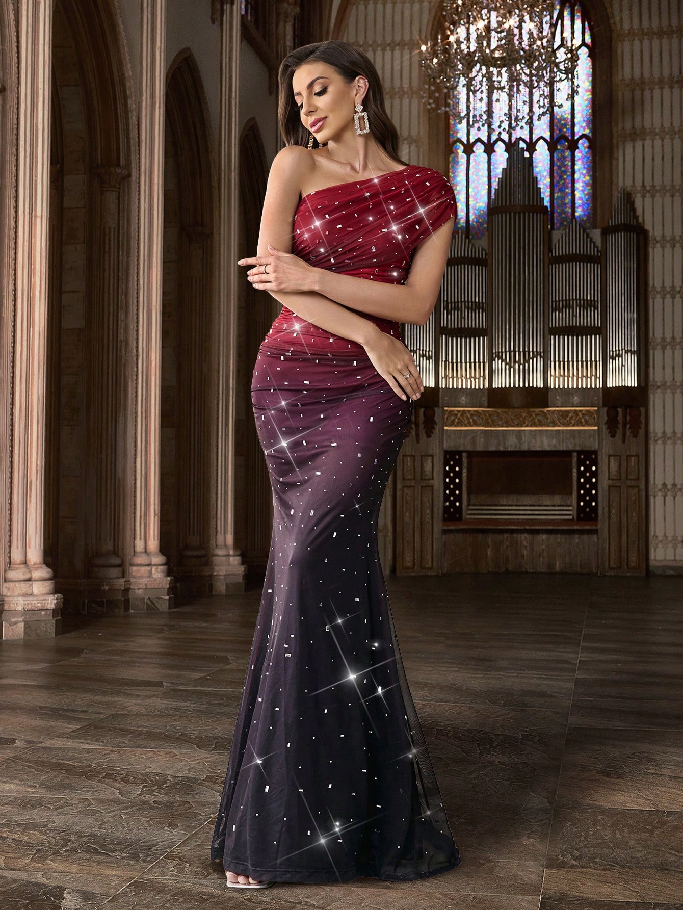 Charm Women Solid Color Formal Dresses Evening Girls Gown Suitable Graduation Party, Galas, Red Carpet Events ,Asymmetrical Neck Hot Drill Rhinestone Dresses