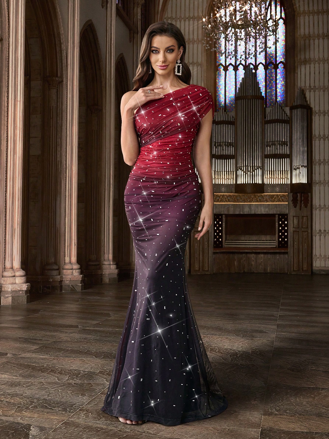 Charm Women Solid Color Formal Dresses Evening Girls Gown Suitable Graduation Party, Galas, Red Carpet Events ,Asymmetrical Neck Hot Drill Rhinestone Dresses