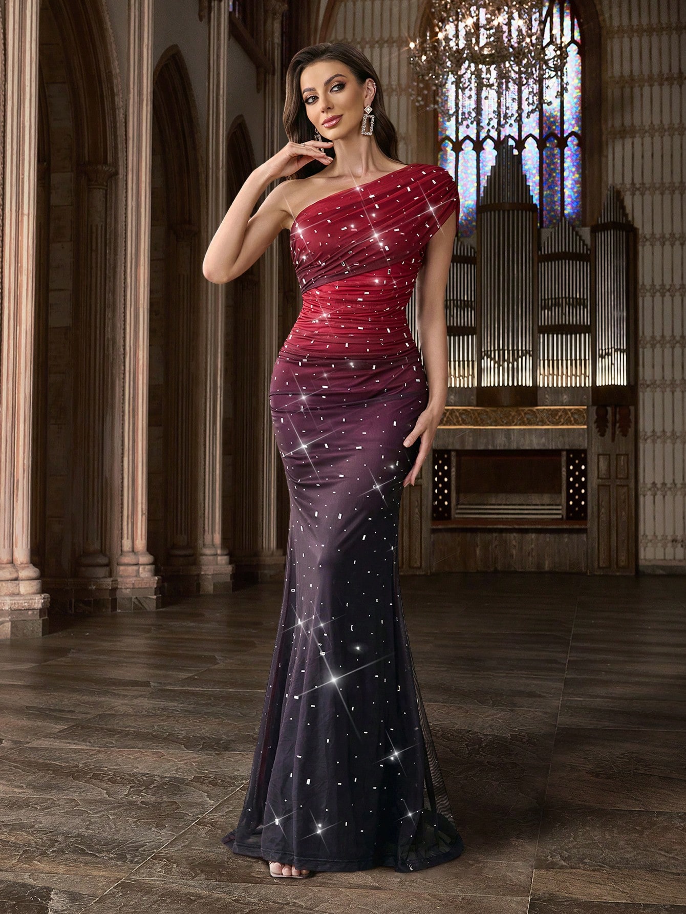 Charm Women Solid Color Formal Dresses Evening Girls Gown Suitable Graduation Party, Galas, Red Carpet Events ,Asymmetrical Neck Hot Drill Rhinestone Dresses